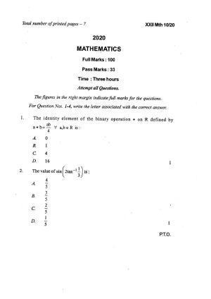 COHSEM Class 12 Mathematics Question Papers 2020