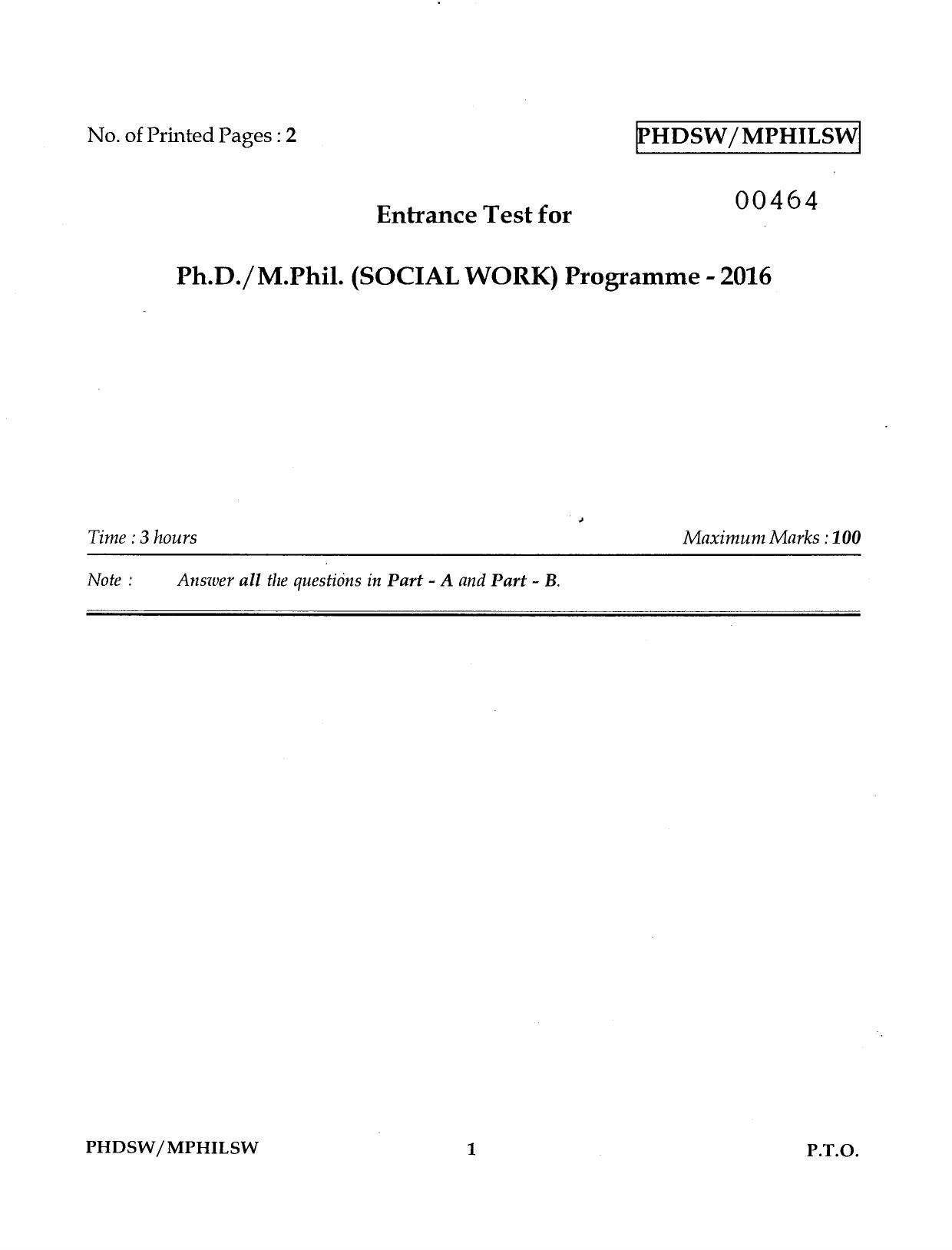 IGNOU PhD Entrance Test Ph.D./ M.Phil Social Work 2016 Question Paper - Page 1