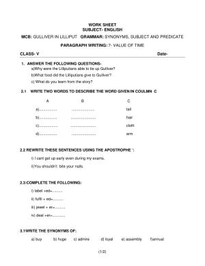 Worksheet for Class 5 English Synonyms Assignment 1