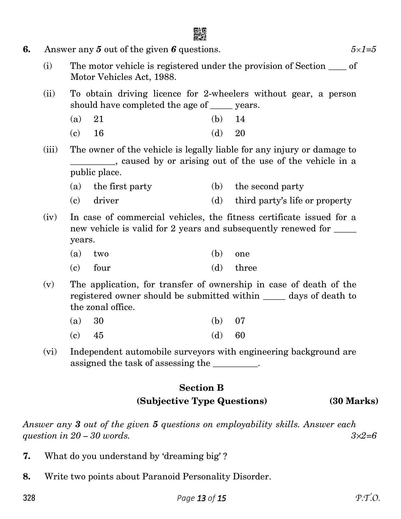 CBSE Class 12 Automotive (Compartment) 2023 Question Paper - Page 13