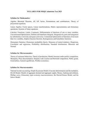 ISI Admission Test M.S.(QE) Syllabus