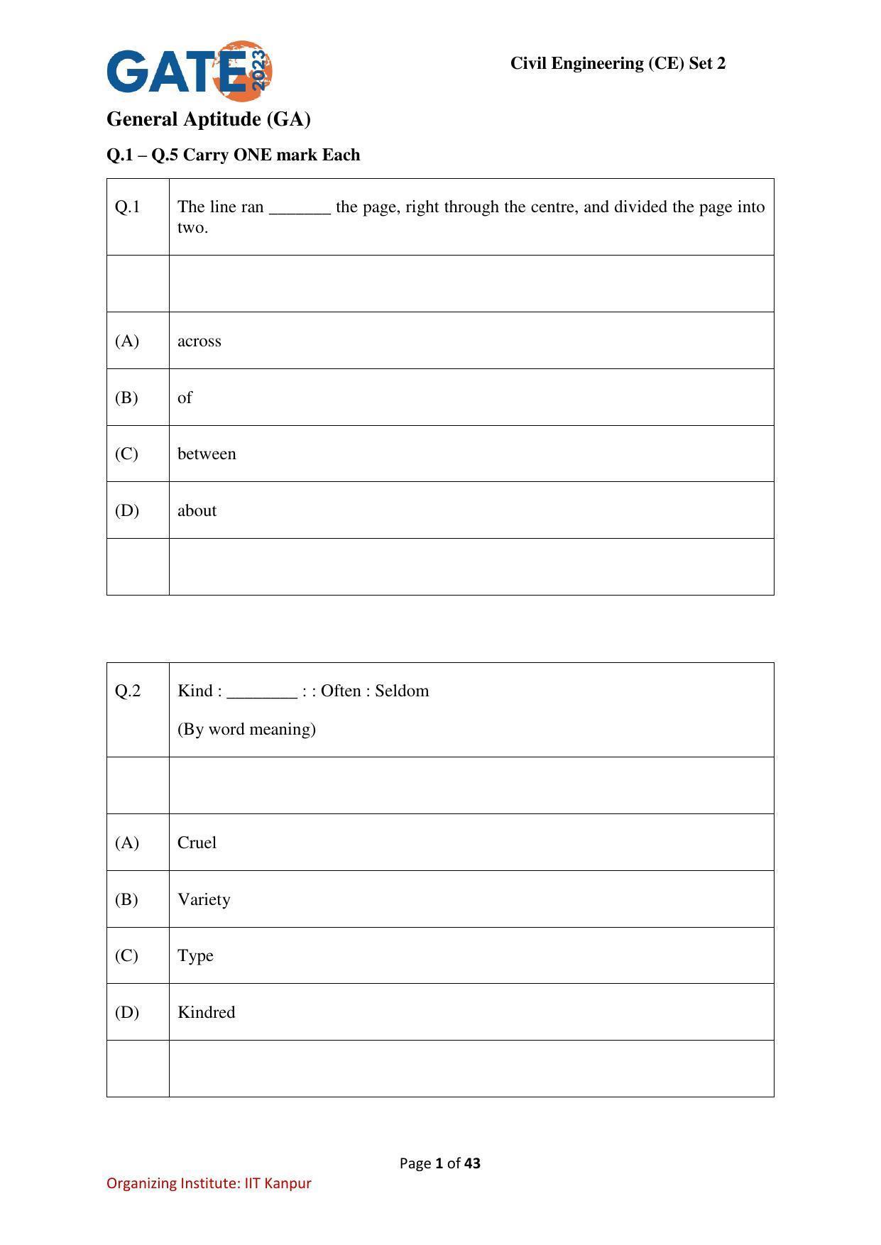 GATE 2023 Civil Engineering (CE-2) (Afternoon) Question Paper - Page 1