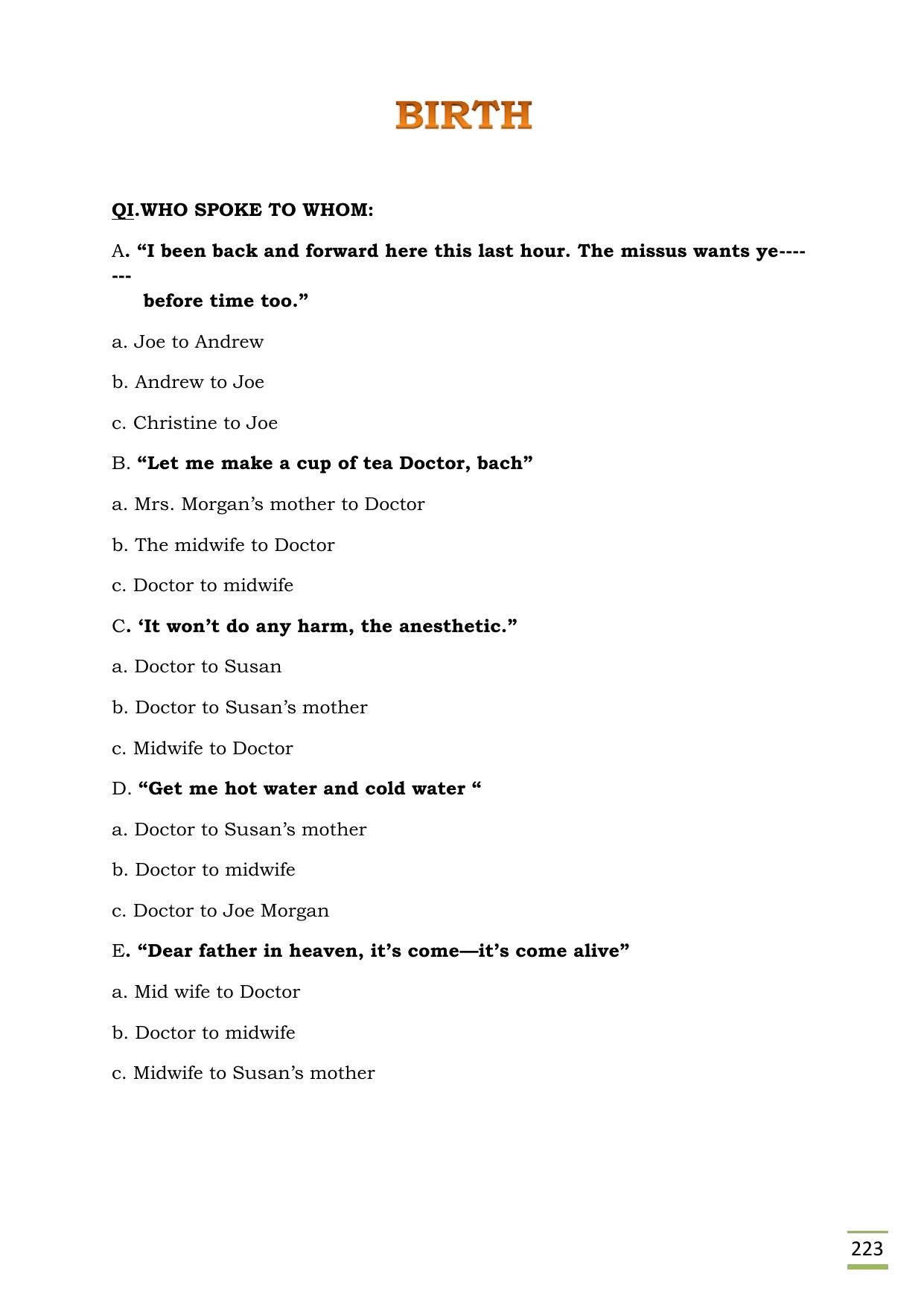 CBSE Worksheets for Class 11 English Birth questions answers - Page 1