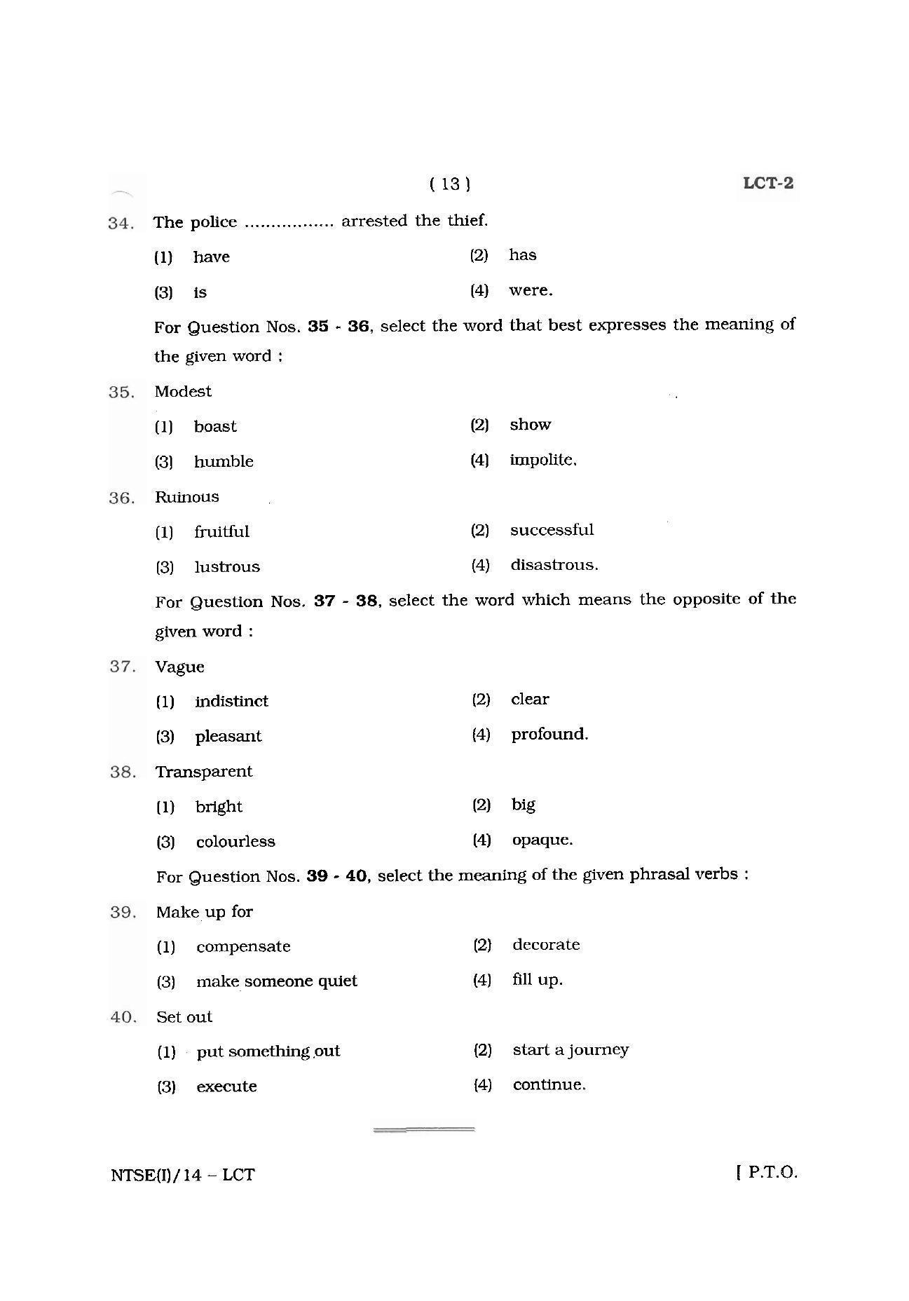 NTSE 2014 (Stage II) LCT Question Paper - Page 13