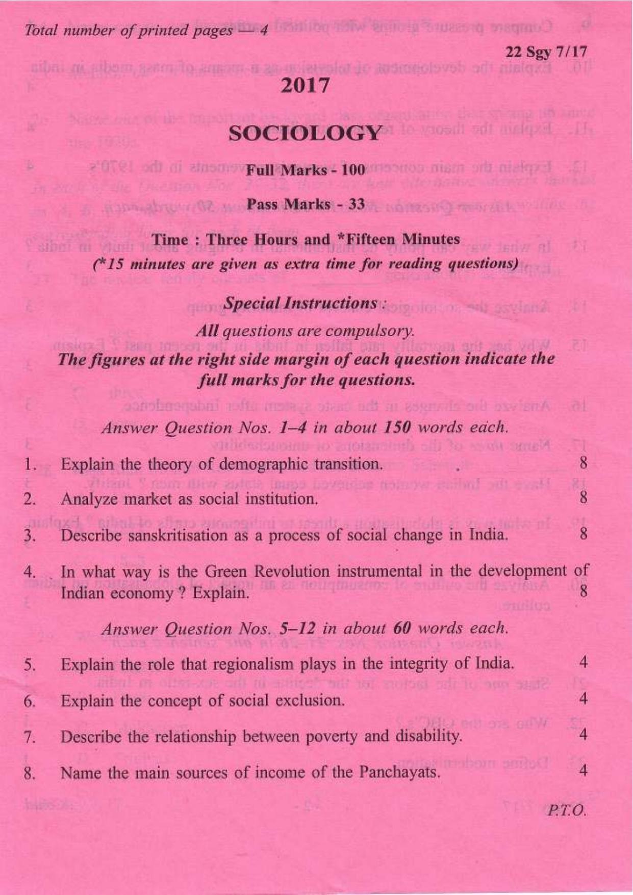 COHSEM Class 12 Sociology 2017 Question Papers - Page 1