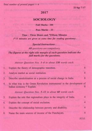 COHSEM Class 12 Sociology 2017 Question Papers