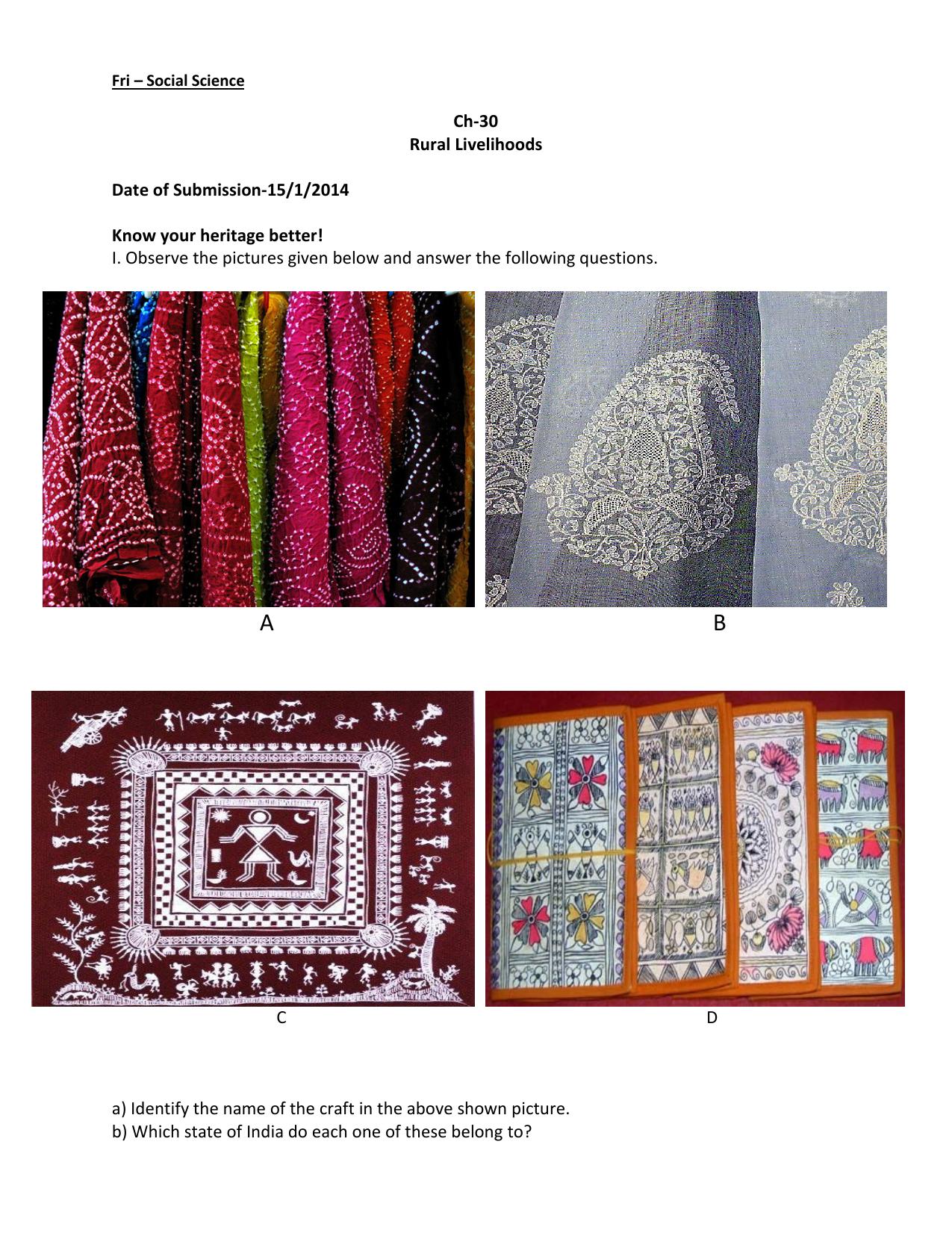CBSE Worksheets for Class 6 Social Science Rural Livelihoods Assignment - Page 1