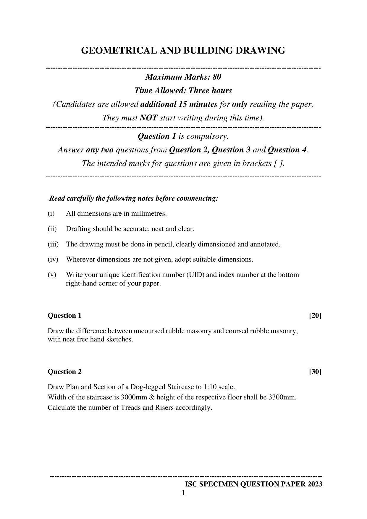 ISC Class 12 Geometrical and Building Drawing Sample Paper 2023 - Page 1