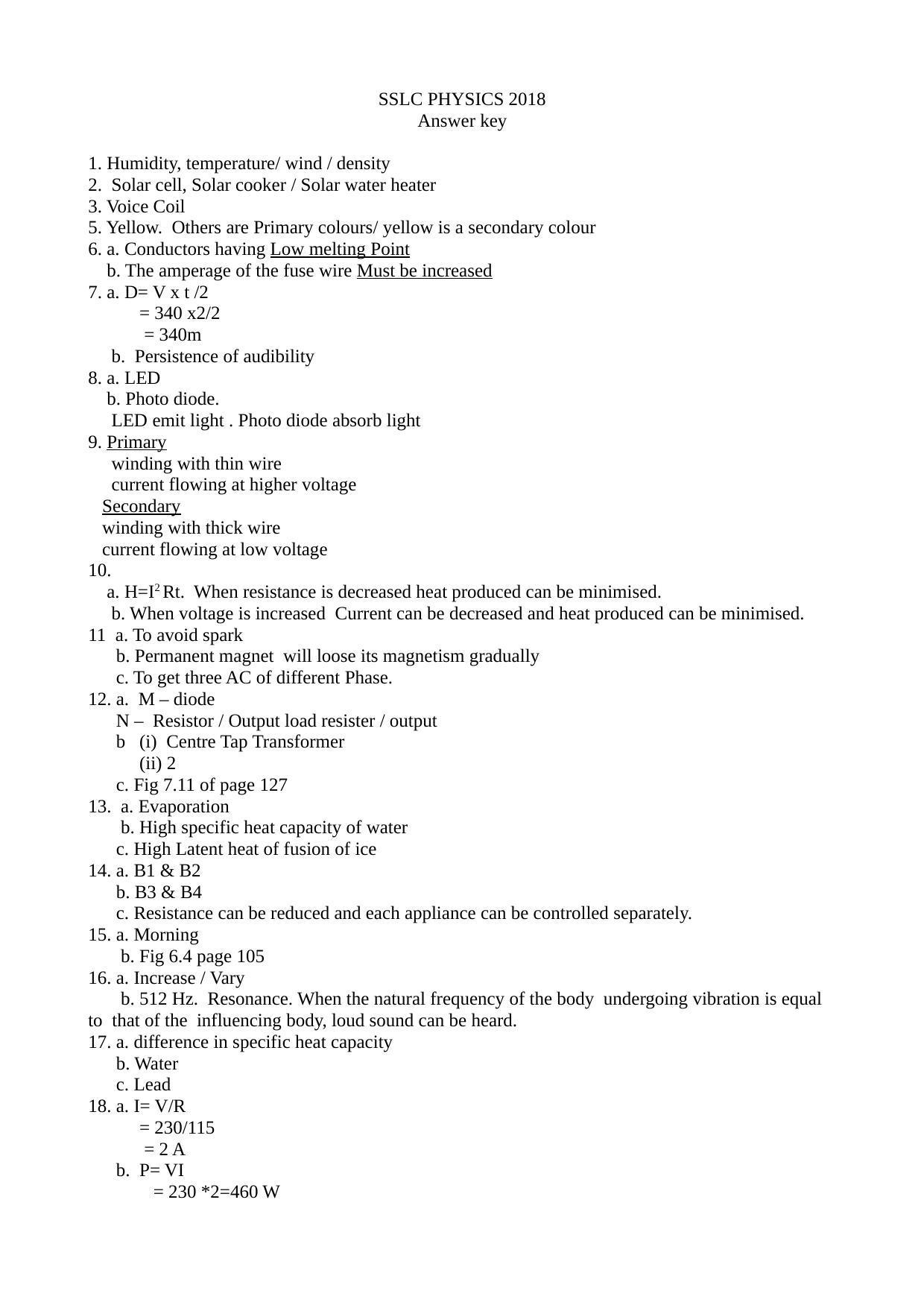 Kerala SSLC 2018 Physics Answer Key (EM) - Page 1