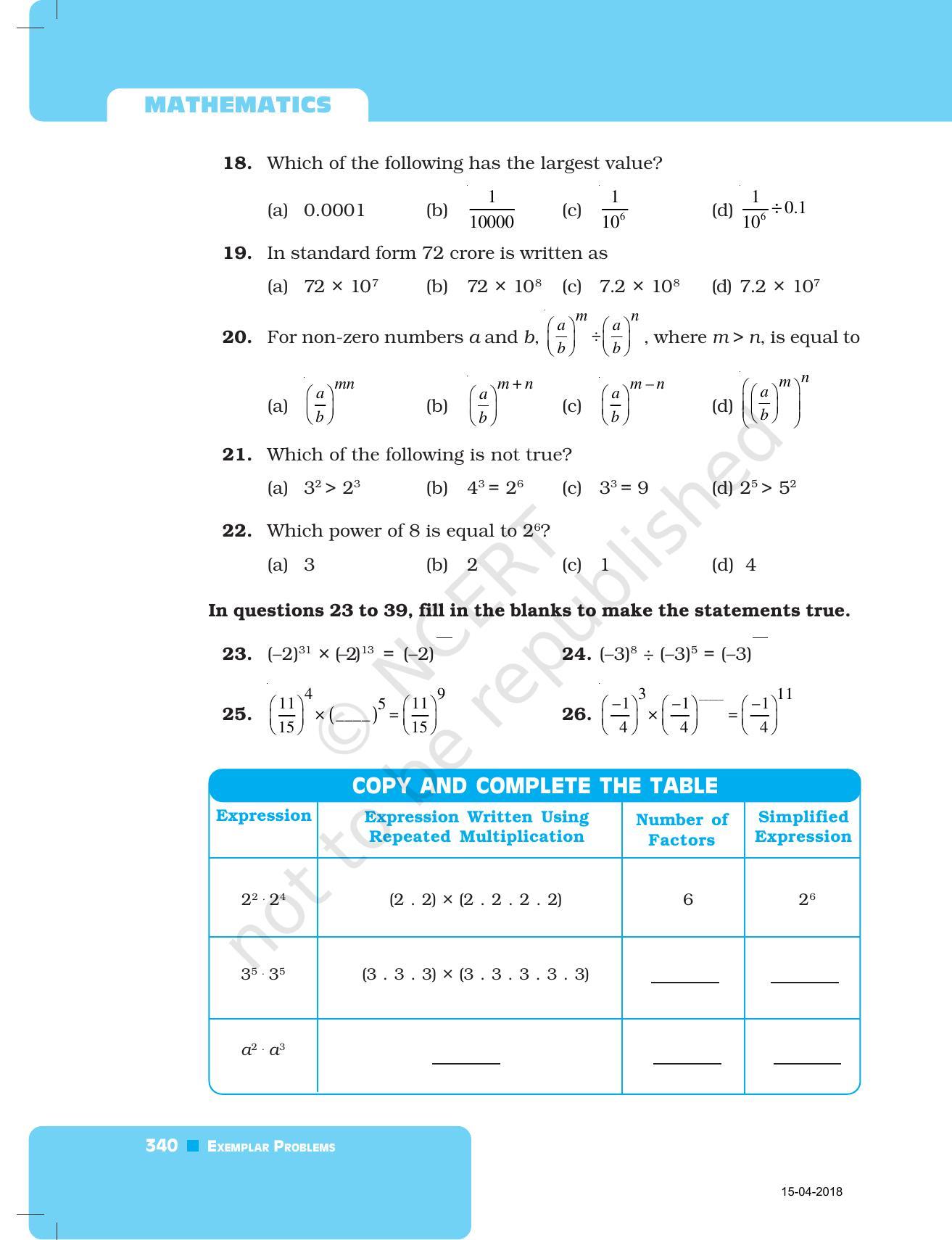 NCERT Exemplar Book for Class 7 Maths: Chapter 11- Exponents and Powers - Page 9