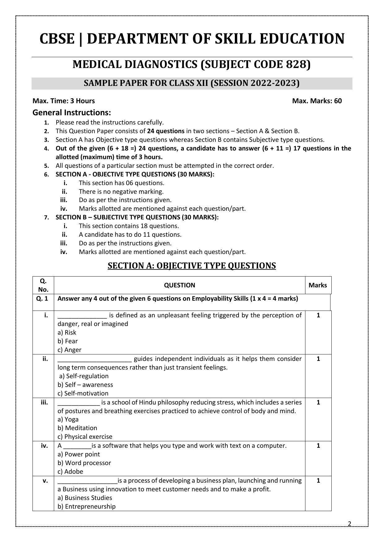 CBSE Class 10 Medical Diagnostics (Skill Education) Sample Papers 2023 - Page 2