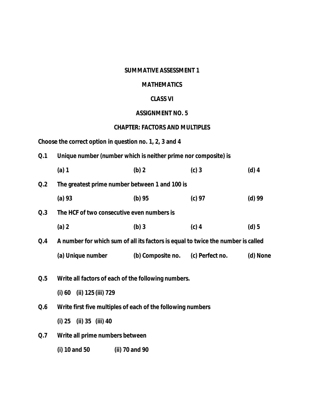 CBSE Worksheets for Class 6 Maths Factors and Multiples Assignment 3 - Page 1