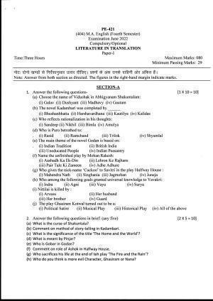 Bilaspur University Question Paper June 2022:M.A. English (Fourth Semester) Literature In Translation paper 1