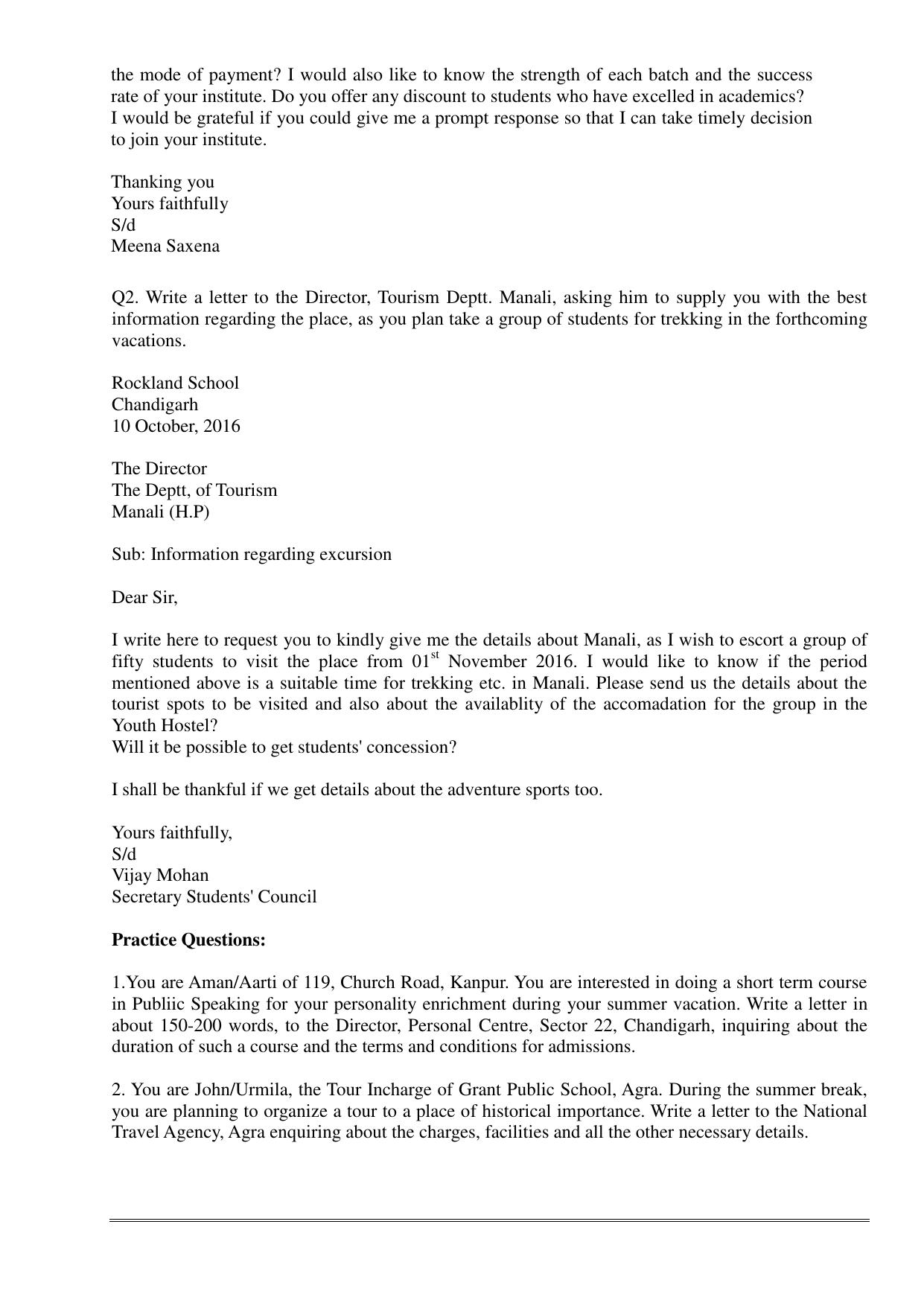 CBSE Worksheets for Class 11 English Letter of Enquiry Assignment - Page 2