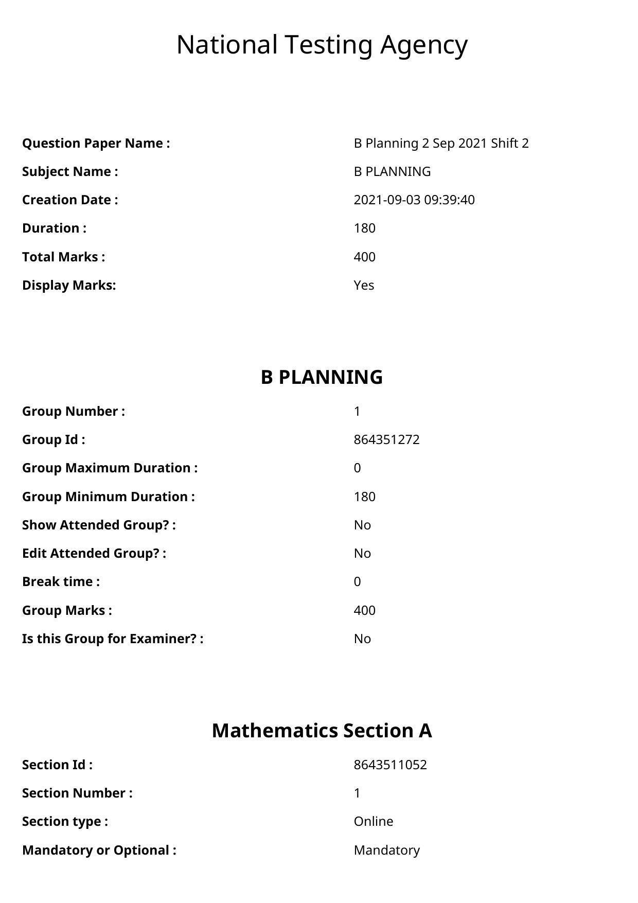 JEE Mains 2021: B Planning English (Shift 2) 02-09-2021 Question Paper - Page 1