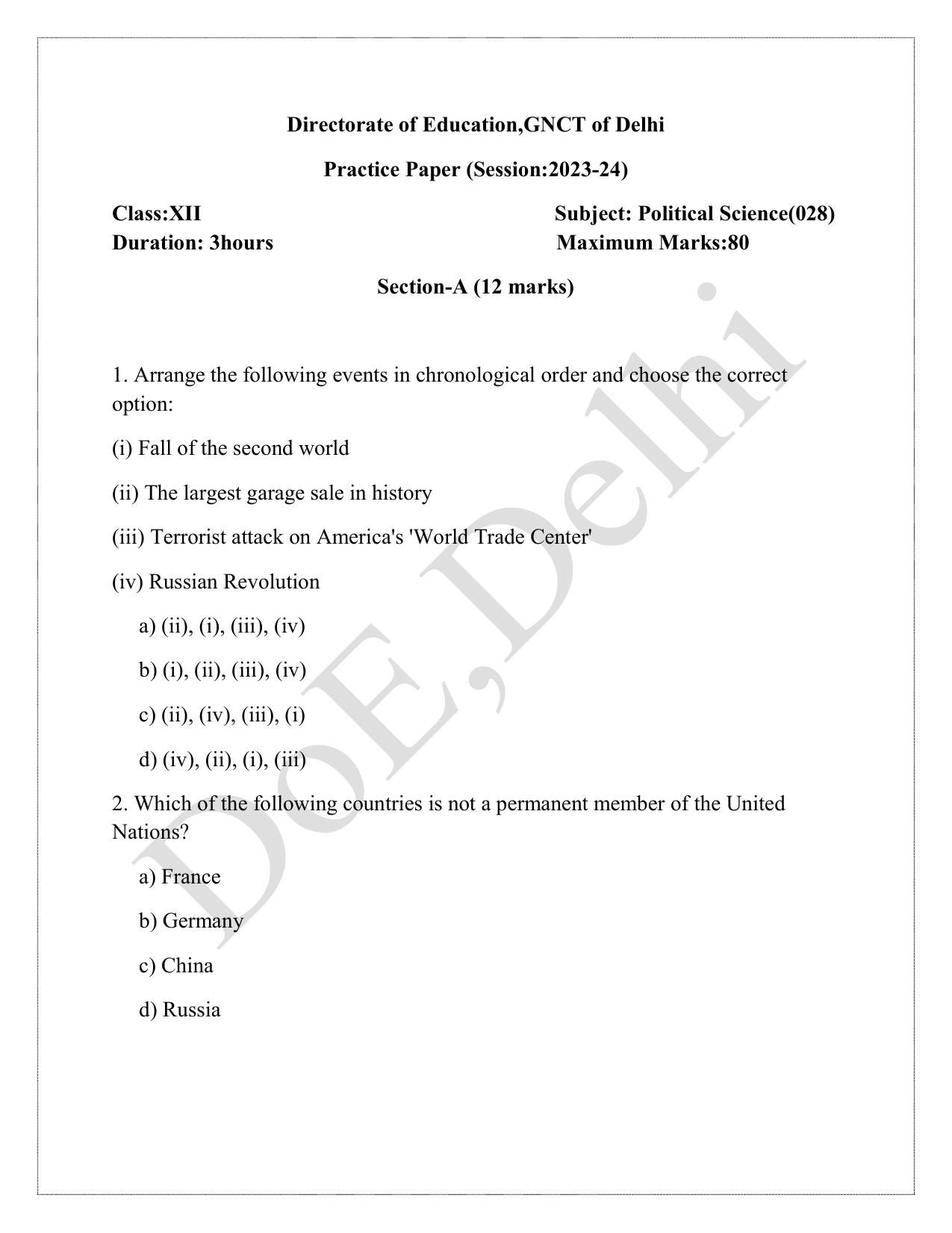 Edudel Class 12 Political Science (English) Practice Papers-1 (2023-24) - Page 1
