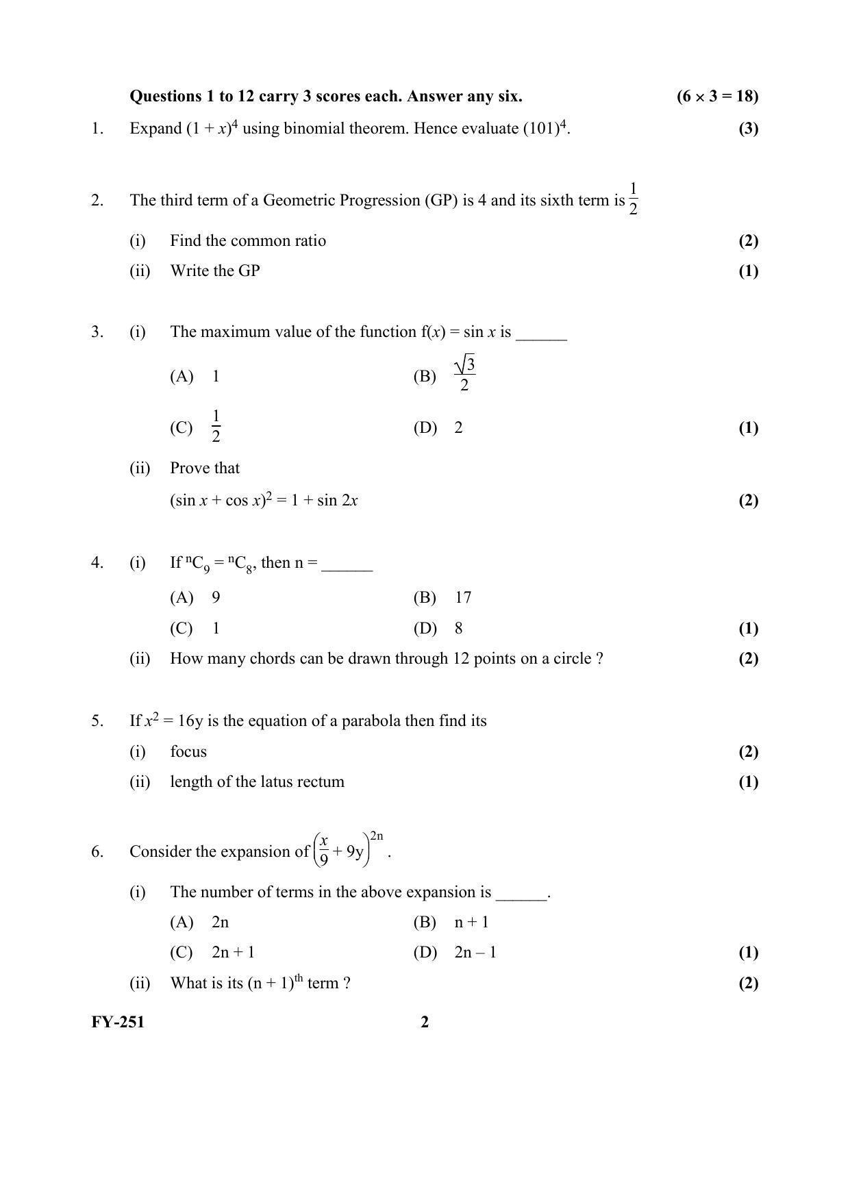 Kerala Plus One (Class 11th) Mathematics-Commerce (60 Score) Question Paper 2021 - Page 2