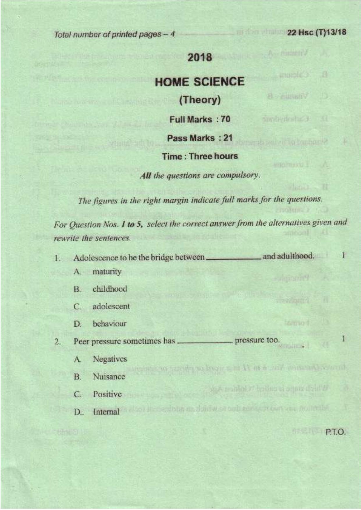 COHSEM Class 12 Home Science 2018 Question Papers - Page 1