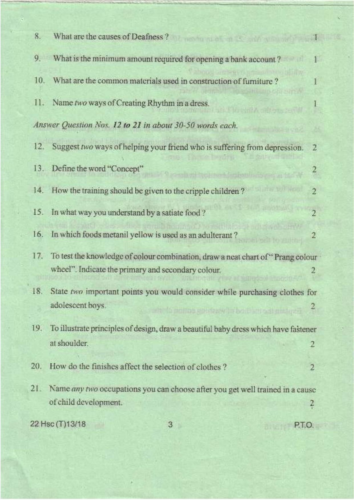 COHSEM Class 12 Home Science 2018 Question Papers - Page 3