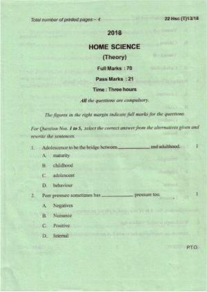 COHSEM Class 12 Home Science 2018 Question Papers