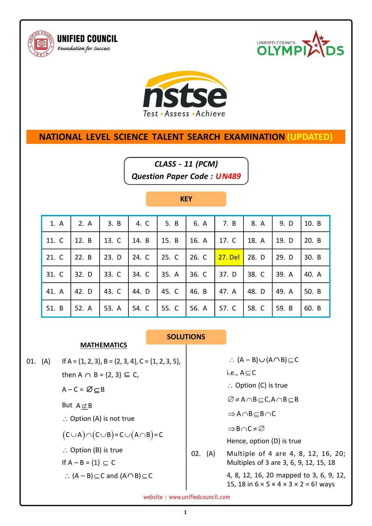 NSTSE 2023 Class 11 PCM Answer Key (Paper Code 489) - Page 1
