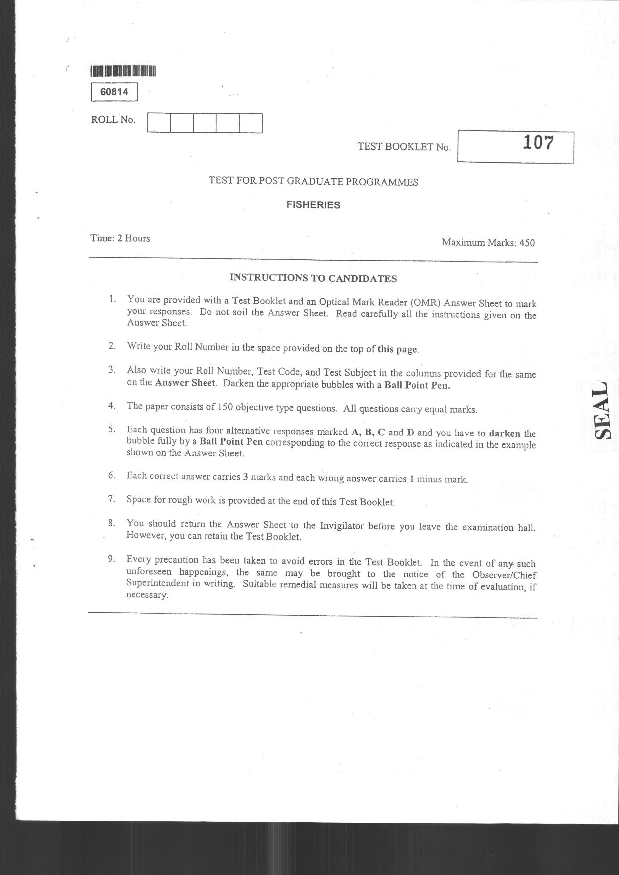 CUSAT CAT 2014 Fisheries Question Paper - Page 1
