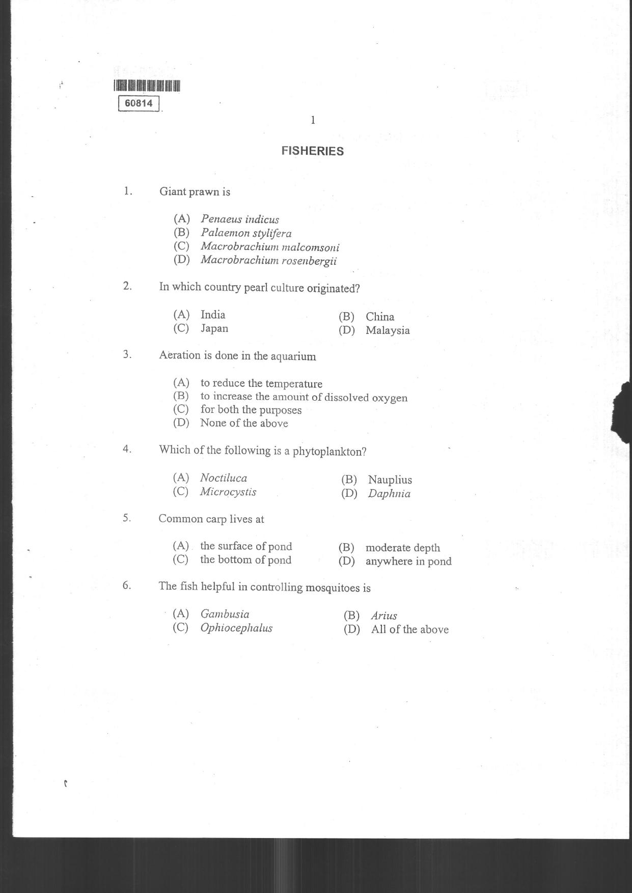 CUSAT CAT 2014 Fisheries Question Paper - Page 3