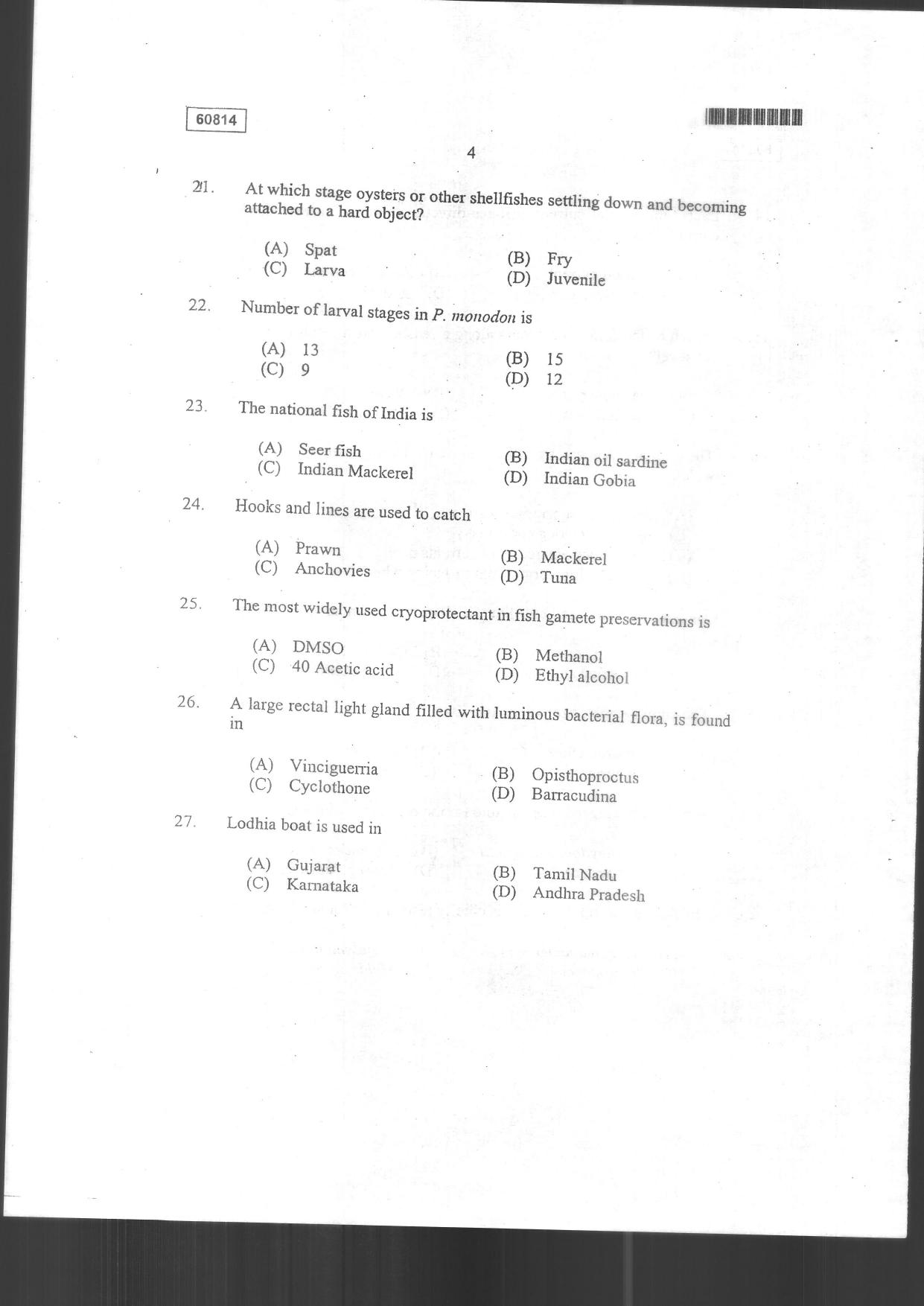 CUSAT CAT 2014 Fisheries Question Paper - Page 6