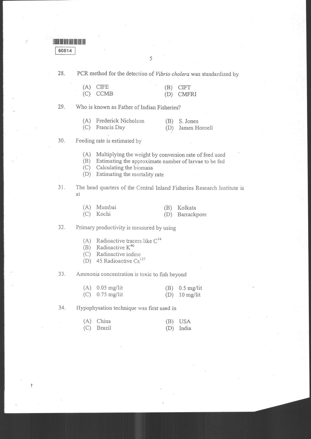 CUSAT CAT 2014 Fisheries Question Paper - Page 7