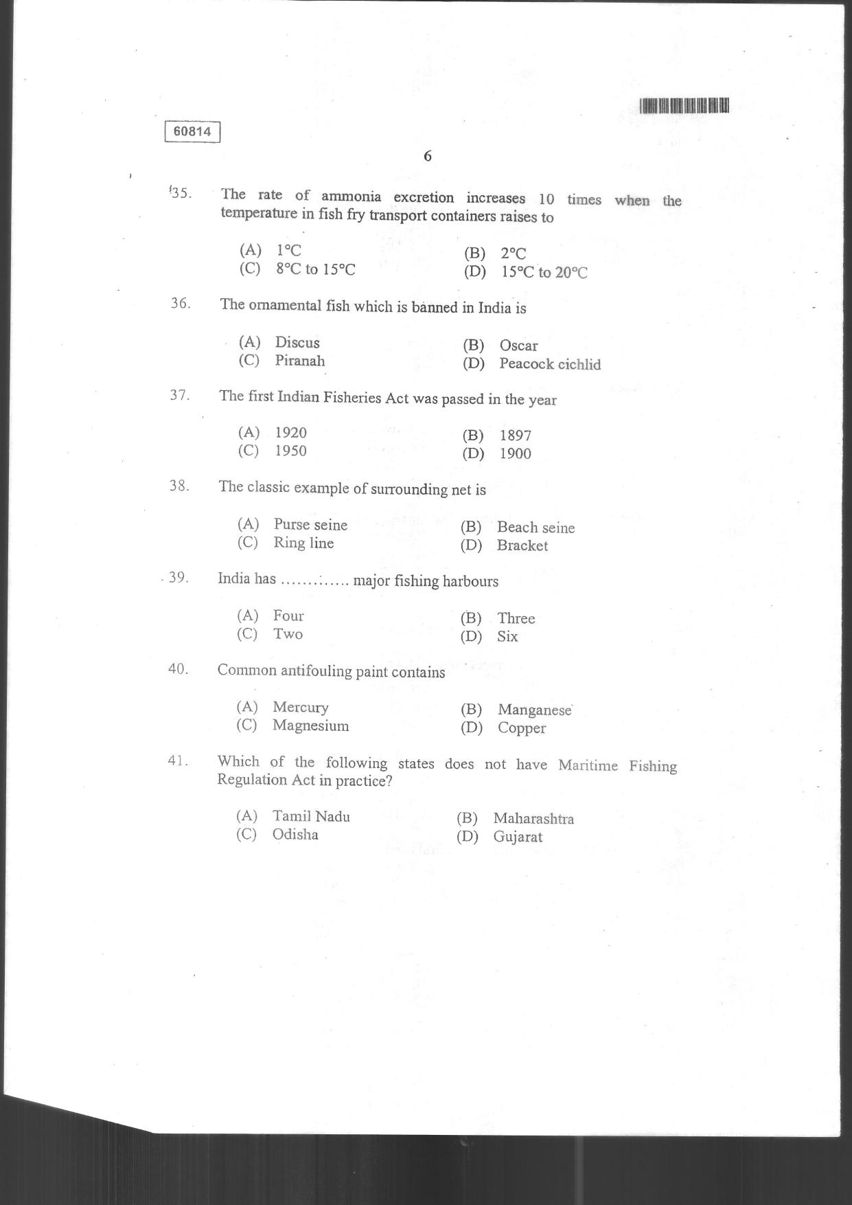 CUSAT CAT 2014 Fisheries Question Paper - Page 8