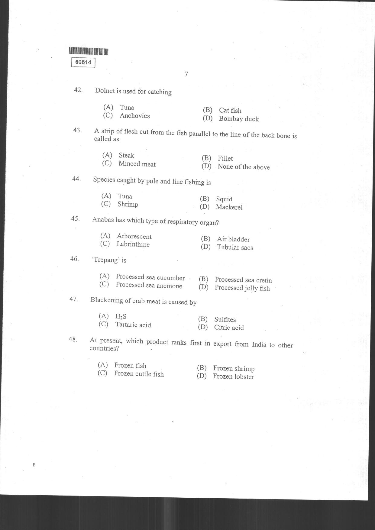 CUSAT CAT 2014 Fisheries Question Paper - Page 9
