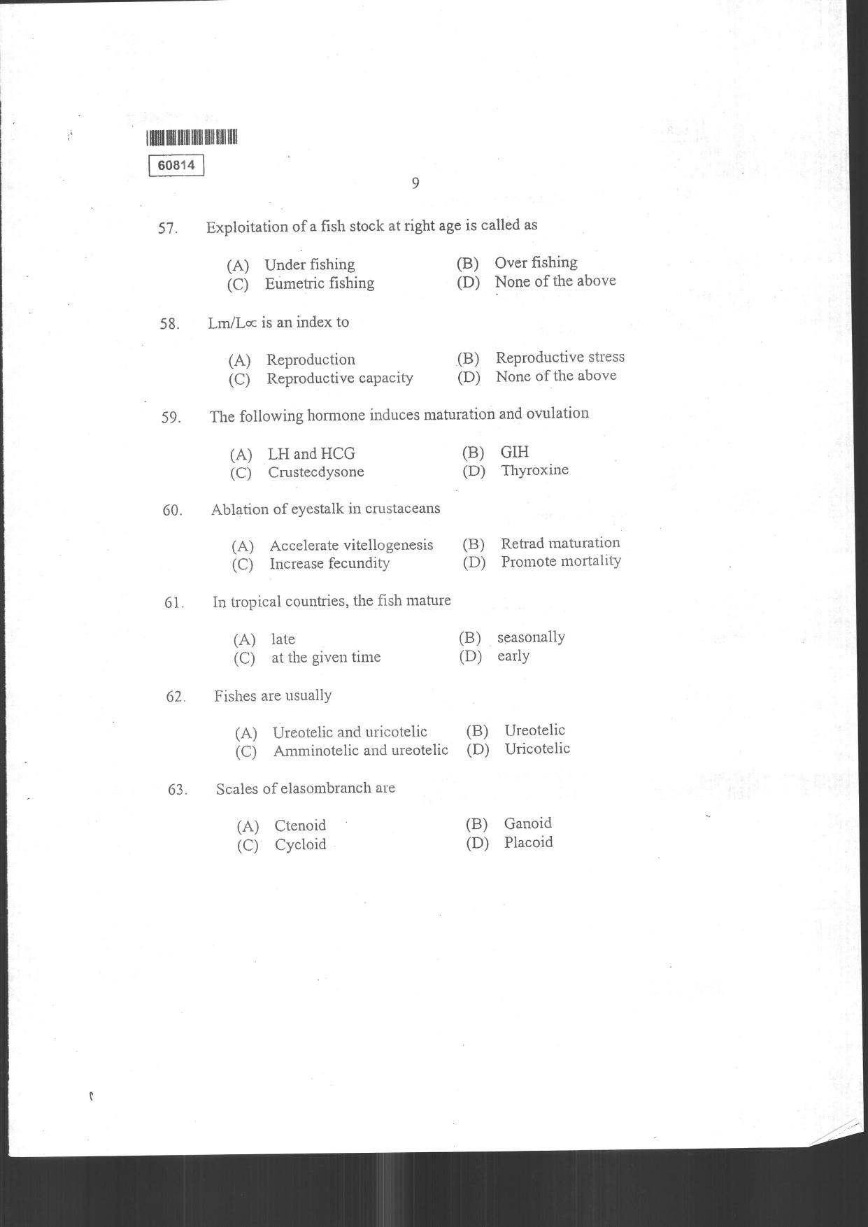 CUSAT CAT 2014 Fisheries Question Paper - Page 11