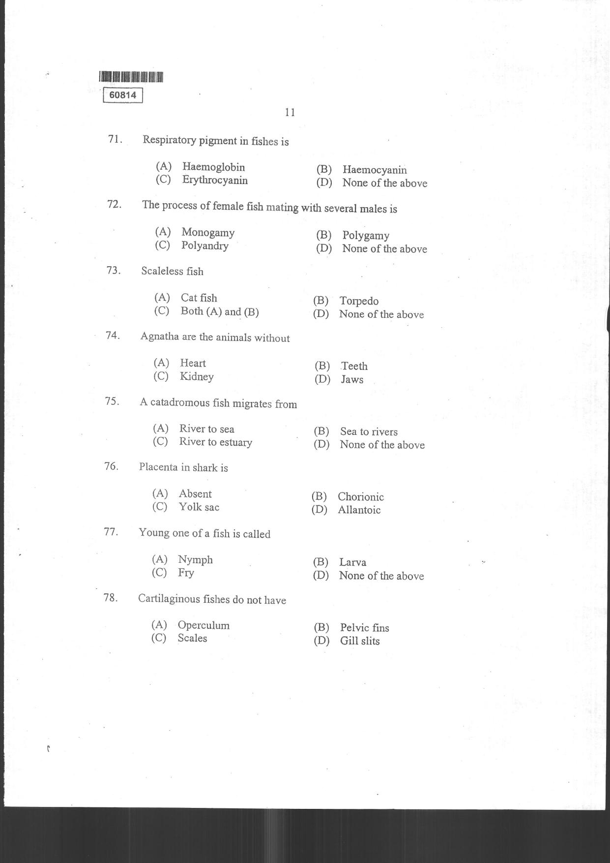 CUSAT CAT 2014 Fisheries Question Paper - Page 13