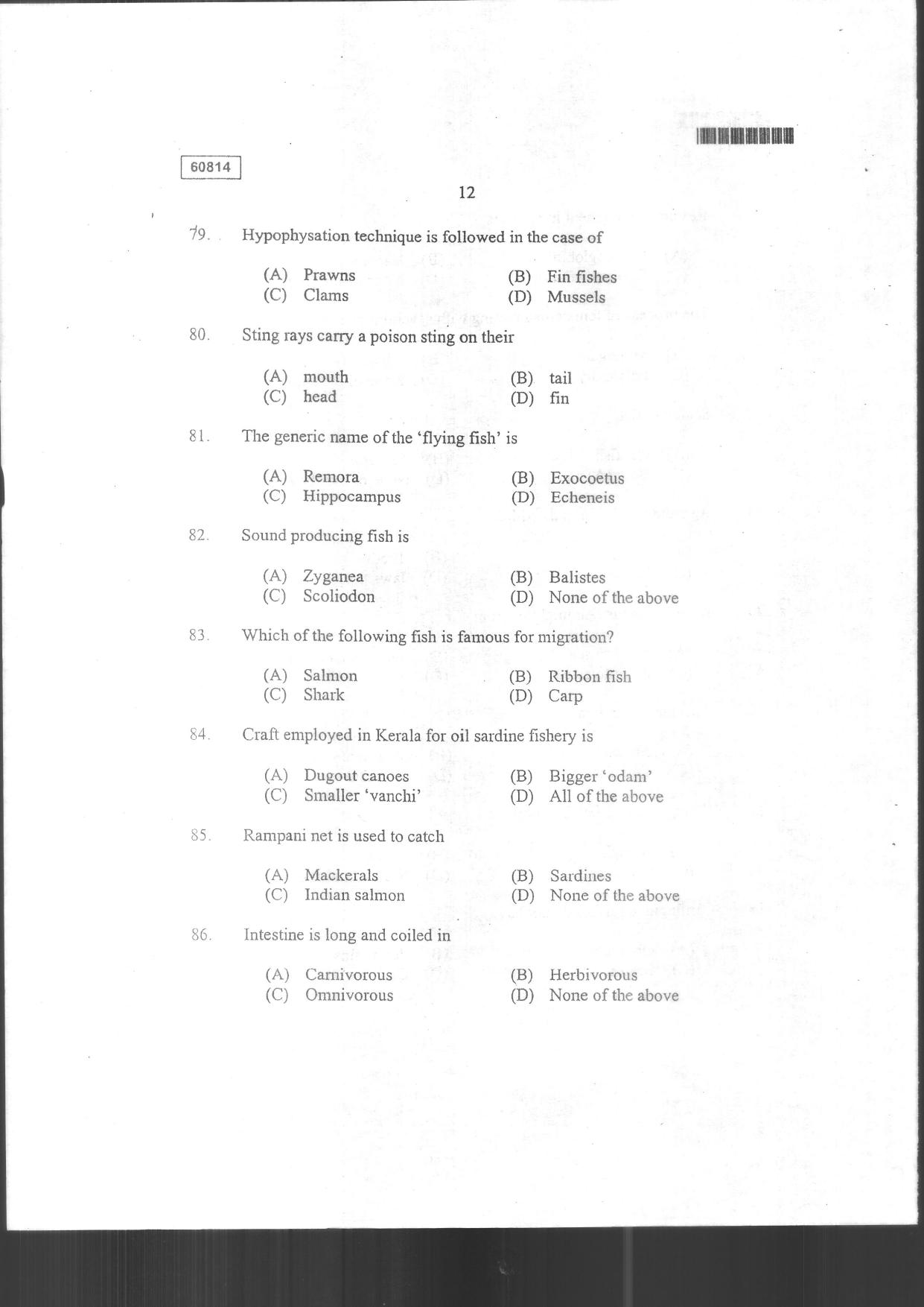 CUSAT CAT 2014 Fisheries Question Paper - Page 14