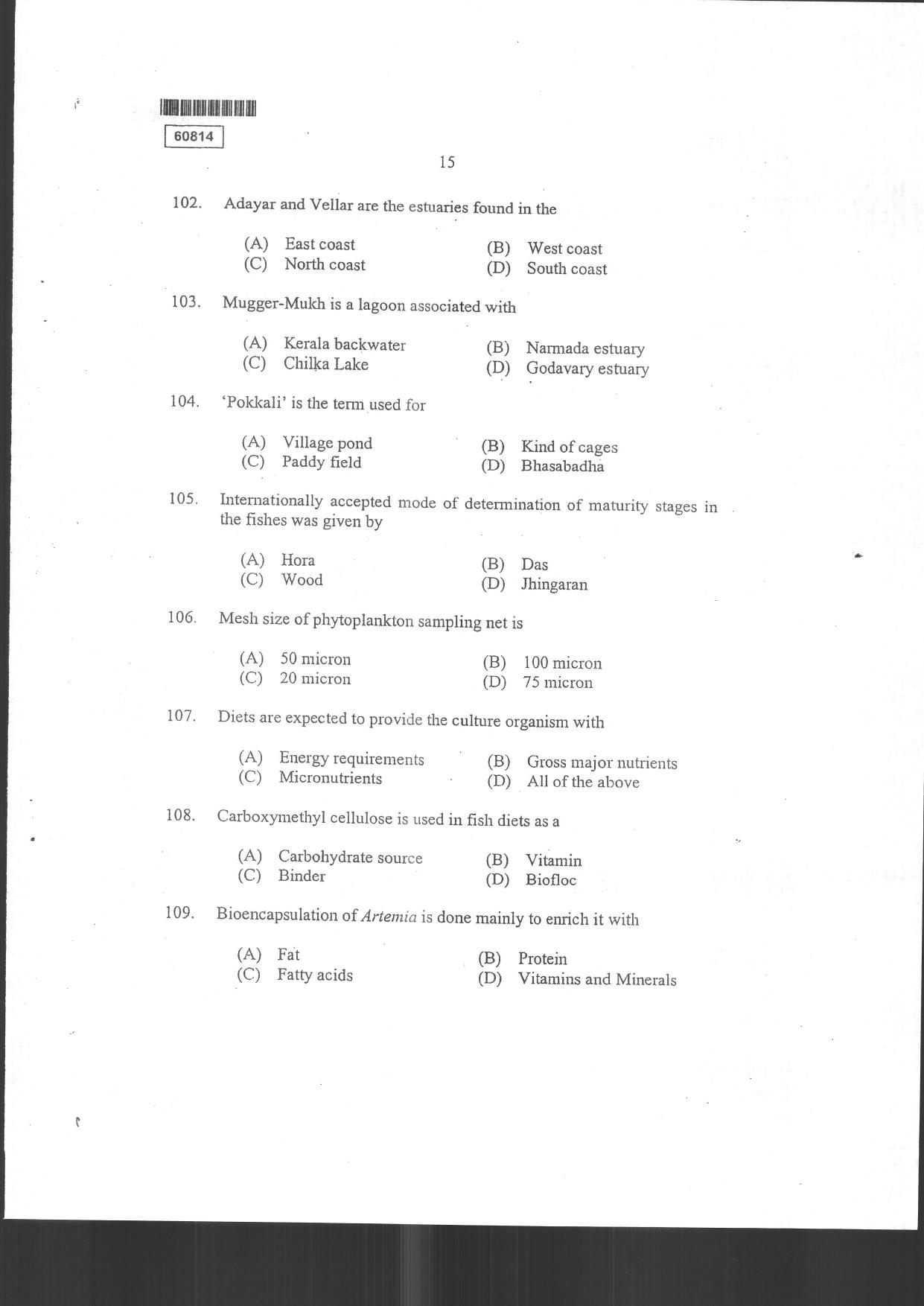 CUSAT CAT 2014 Fisheries Question Paper - Page 17