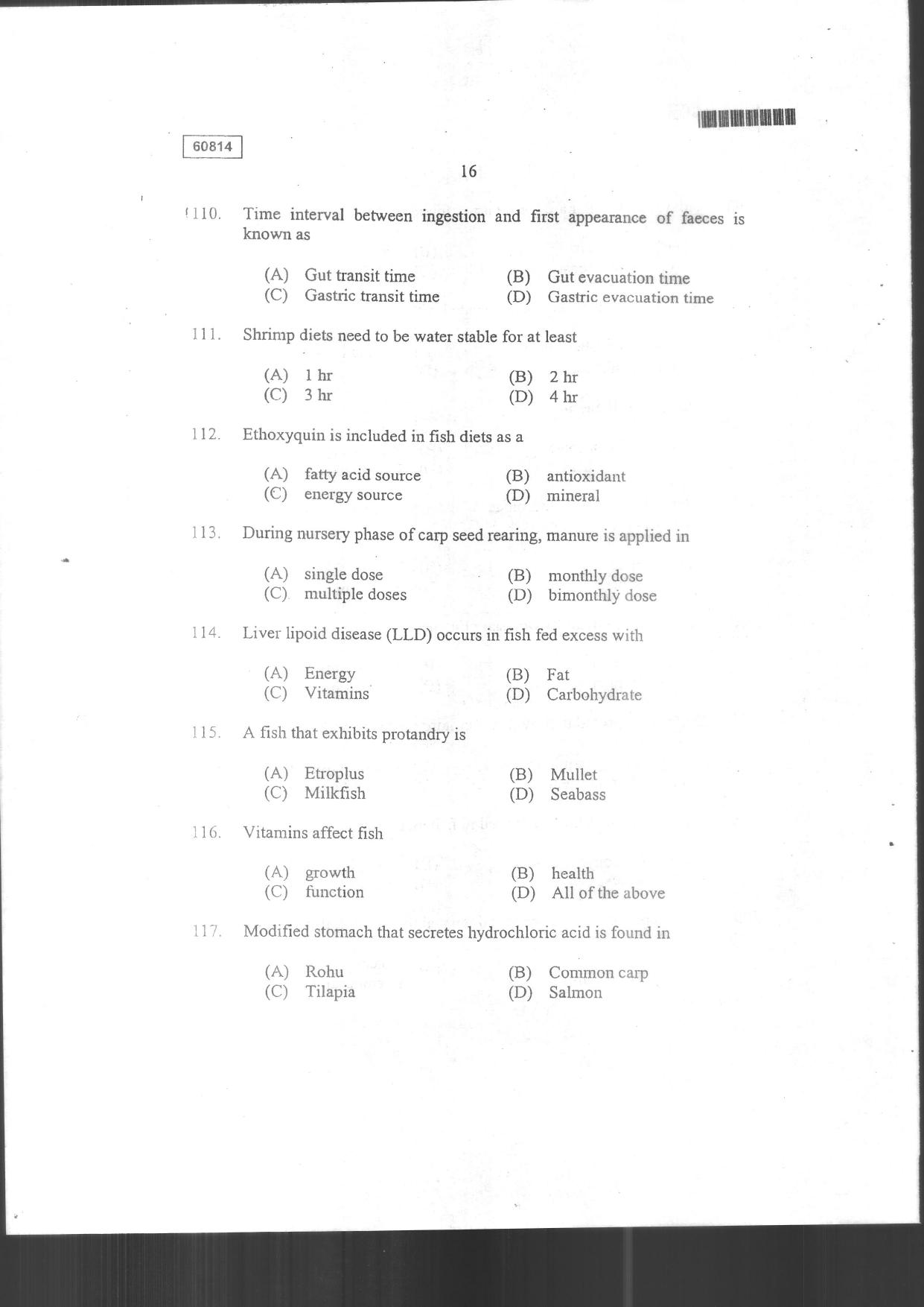 CUSAT CAT 2014 Fisheries Question Paper - Page 18