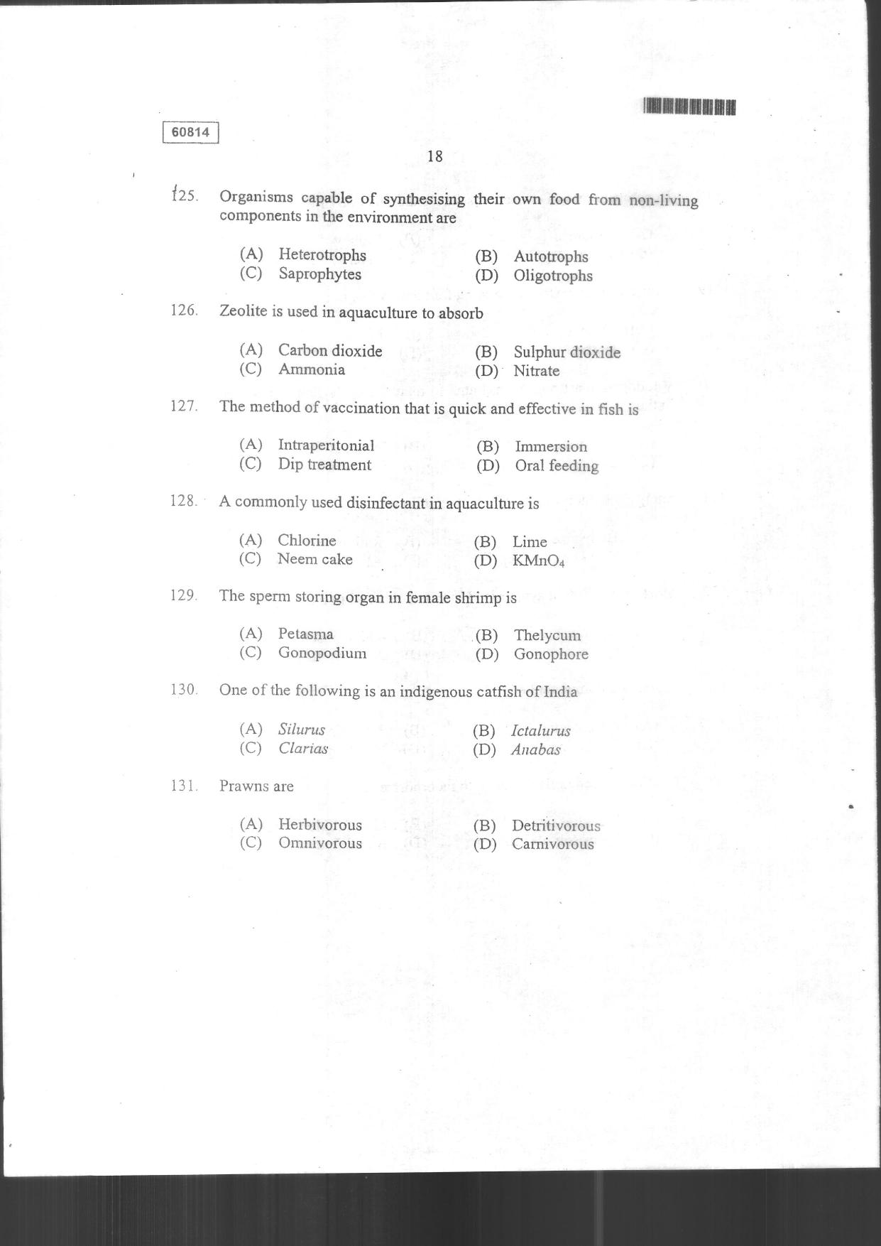 CUSAT CAT 2014 Fisheries Question Paper - Page 20