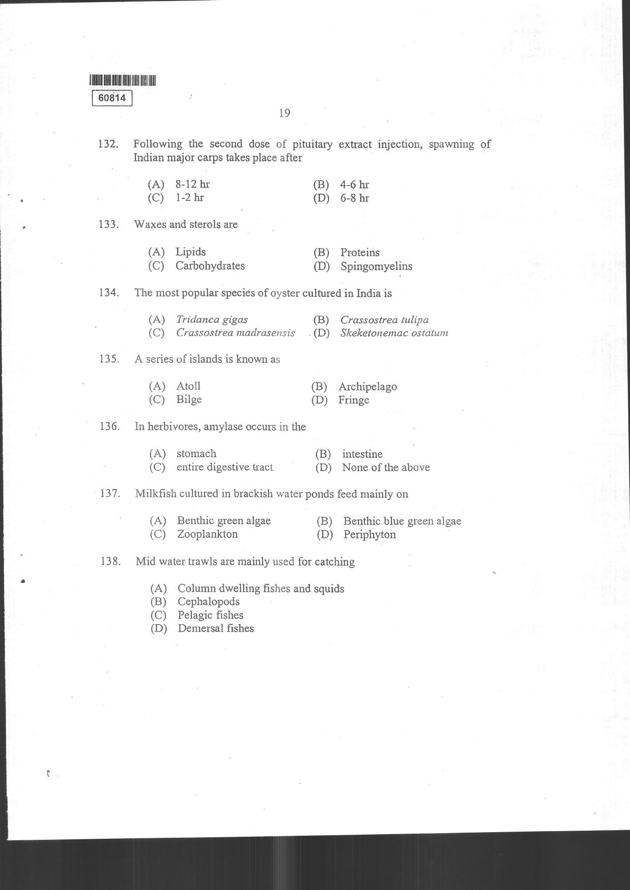 CUSAT CAT 2014 Fisheries Question Paper - Page 21