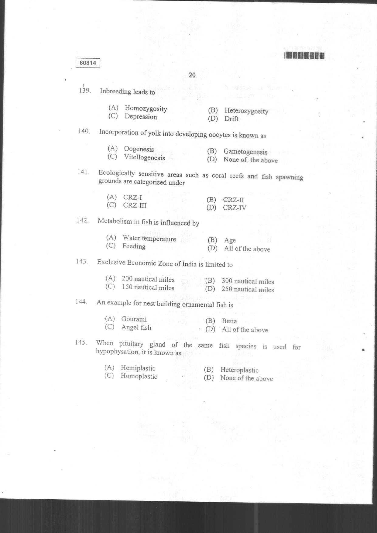 CUSAT CAT 2014 Fisheries Question Paper - Page 22