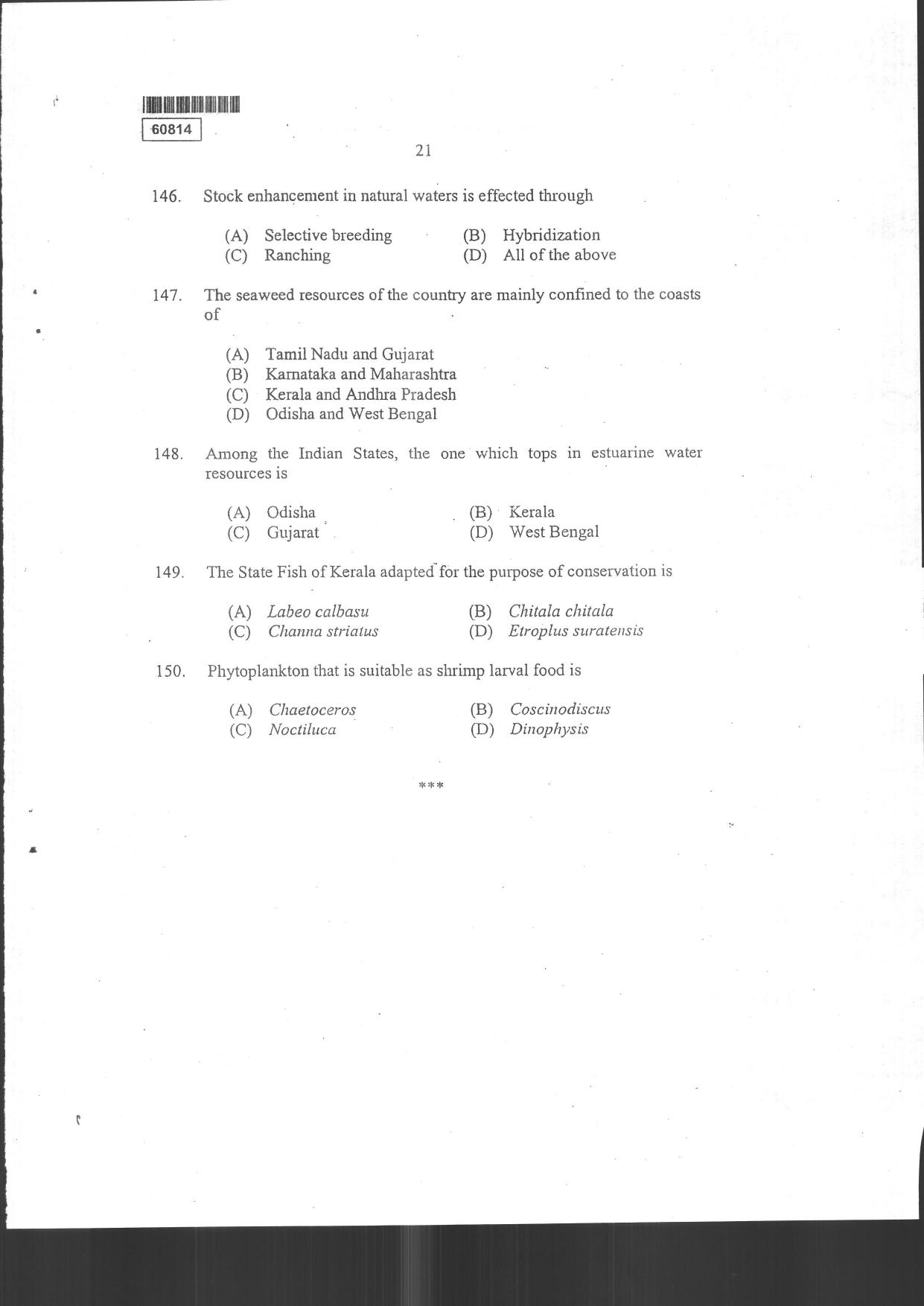 CUSAT CAT 2014 Fisheries Question Paper - Page 23