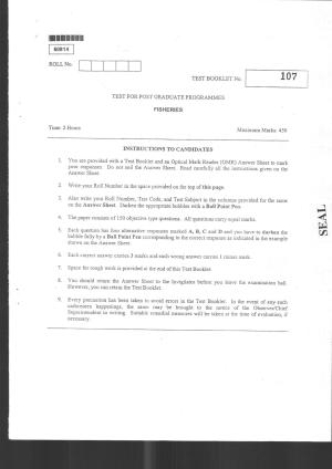 CUSAT CAT 2014 Fisheries Question Paper