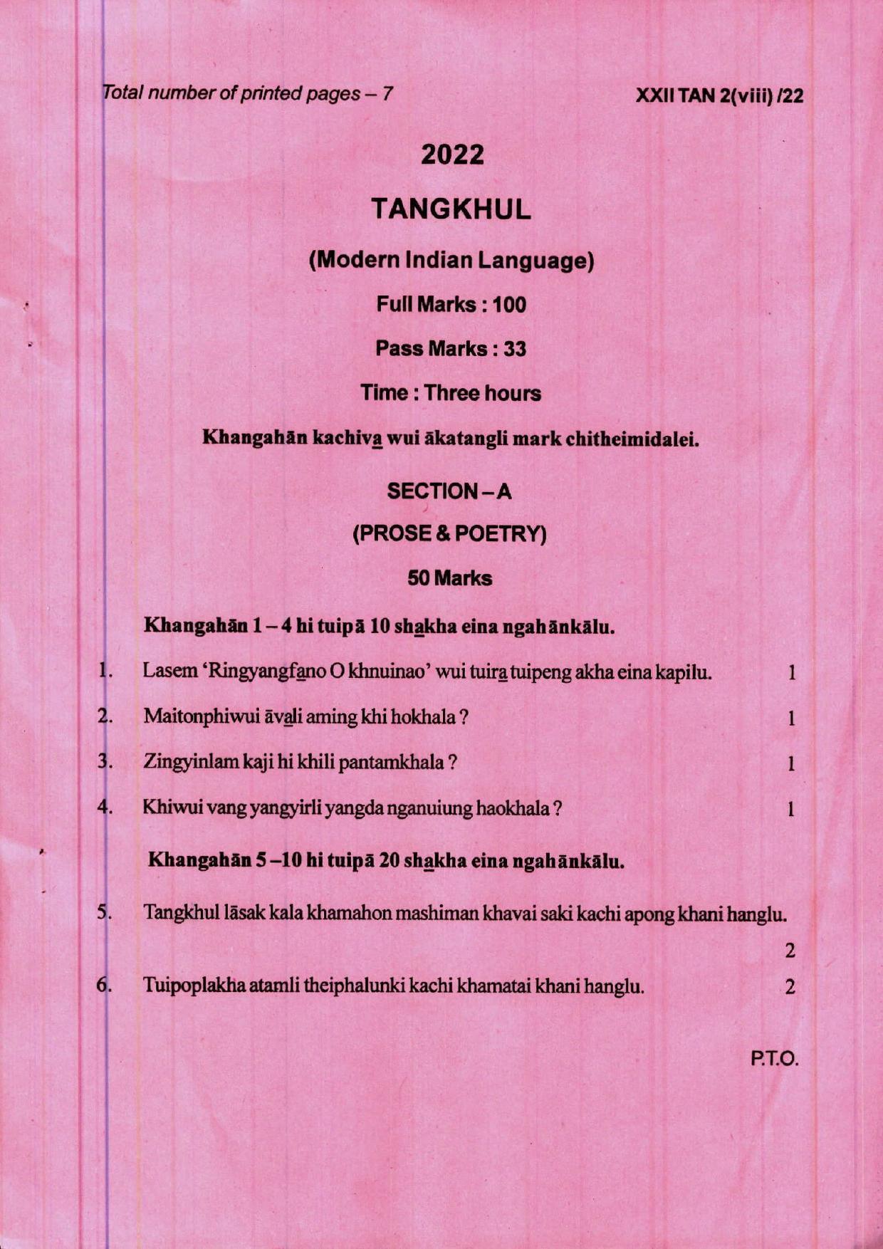 COHSEM 12th Question Papers 2022 Tangkhul (M.I.L.) - Page 1