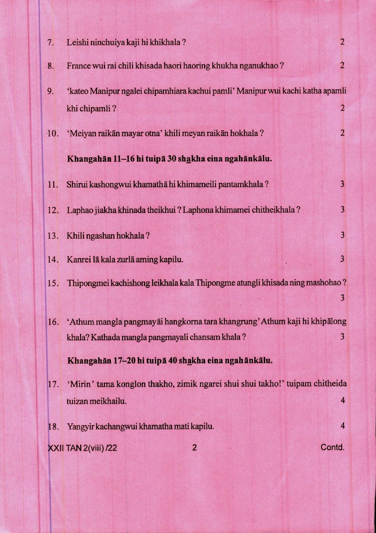 COHSEM 12th Question Papers 2022 Tangkhul (M.I.L.) - Page 2
