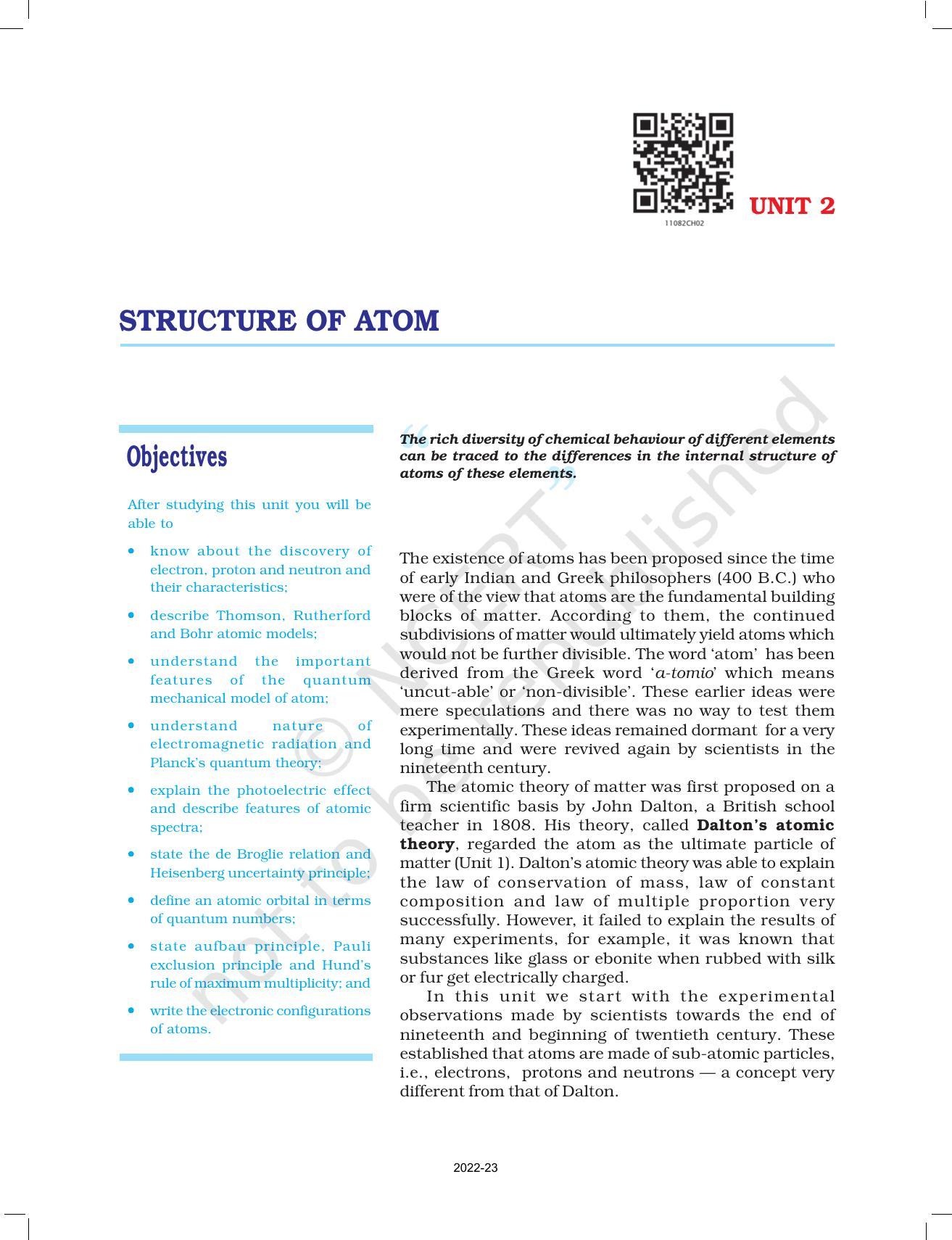 NCERT Book for Class 11 Chemistry Chapter 2 Structure of Atom - Page 1