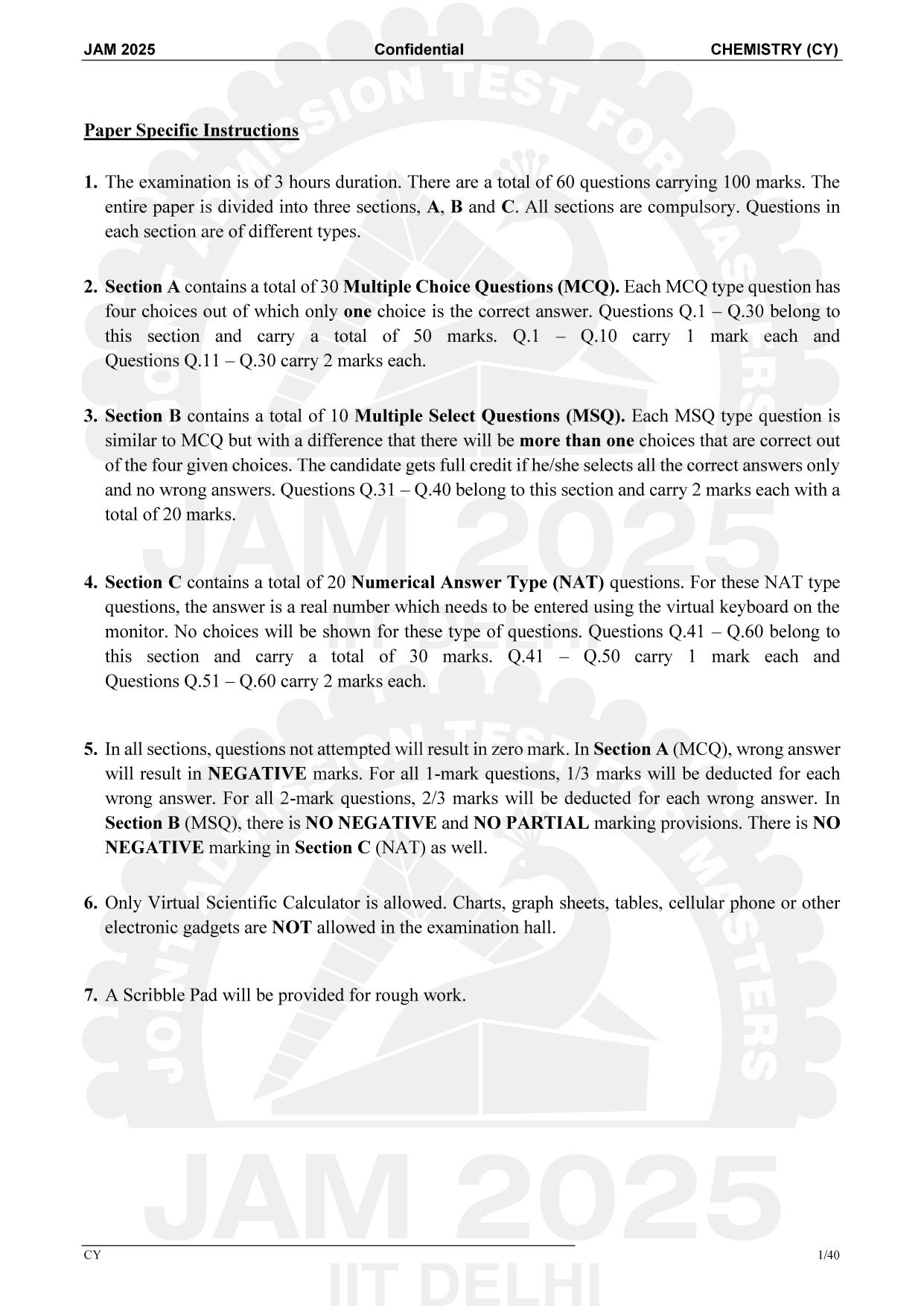 IIT JAM 2025 Chemistry (CY) Question Paper - Page 1