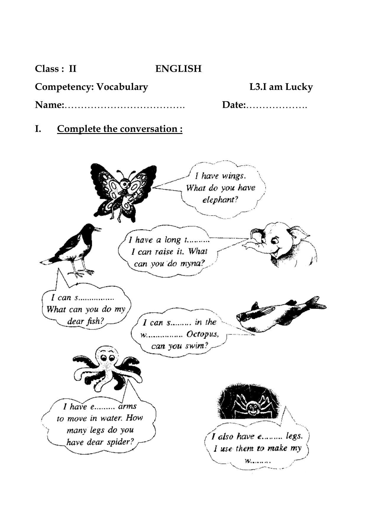 Worksheet for Class 2 English Assignment 19 I am Lucky - Page 1