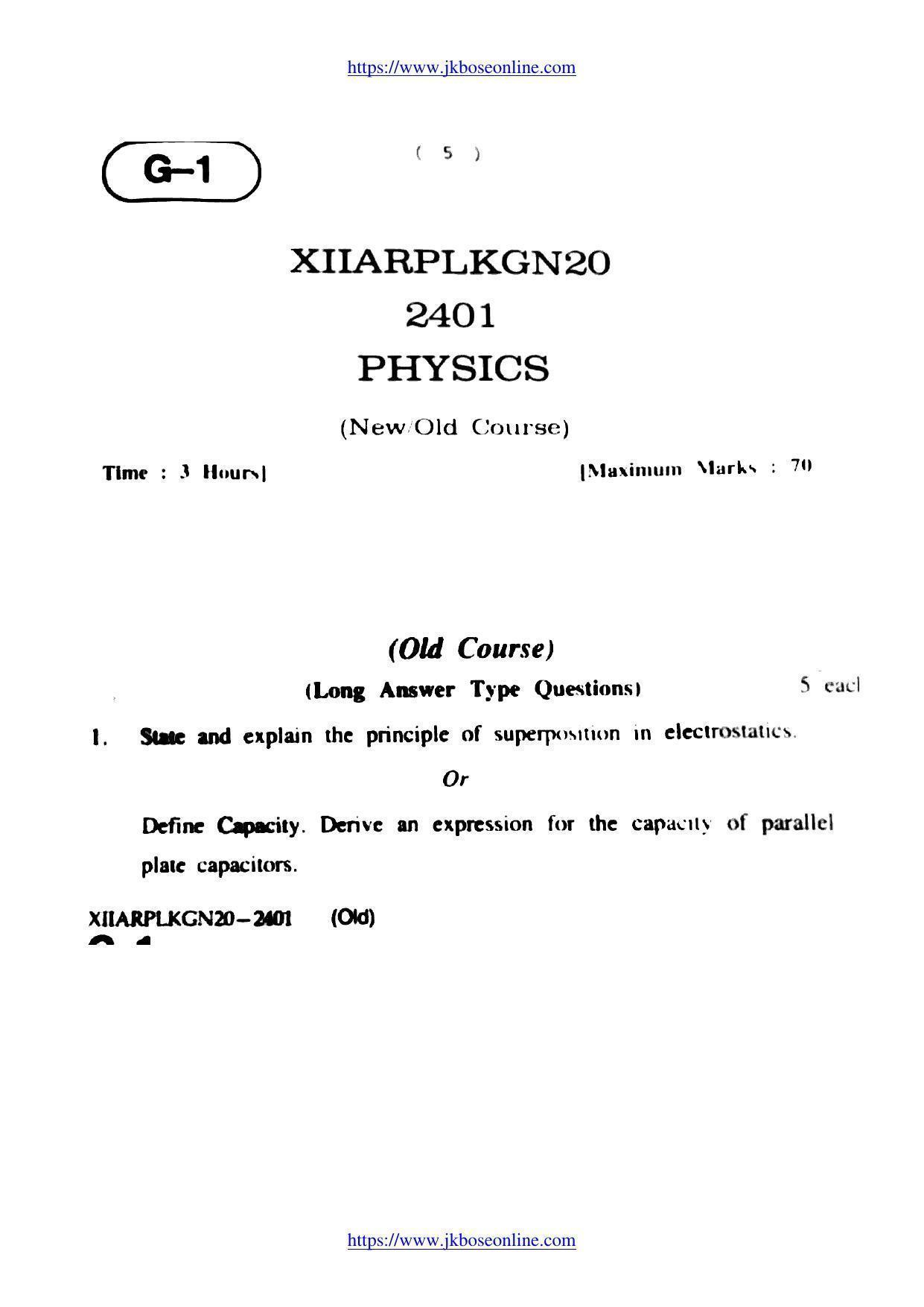JKBOSE Class 12 Physics 2401 Question Papers 2020 - Page 1