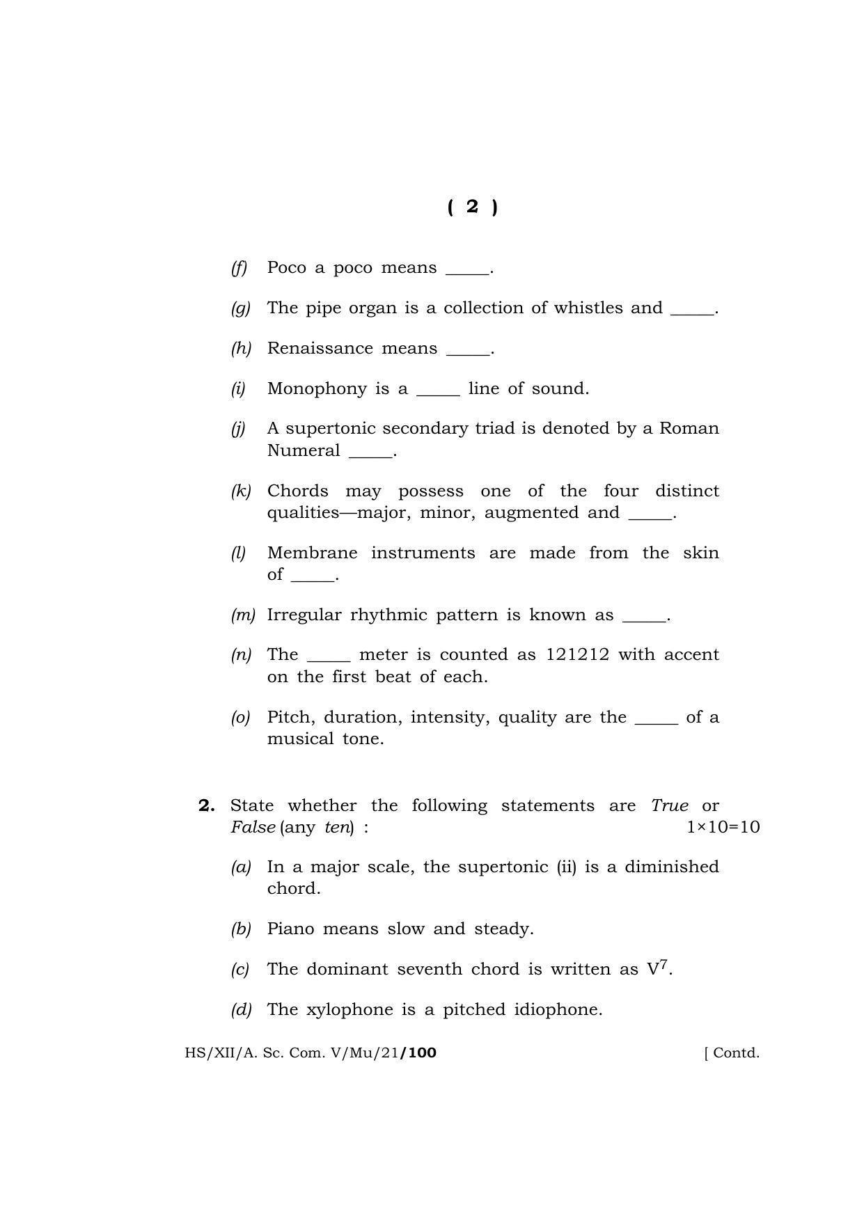 Meghalaya Board (MBOSE) Class 12 MUSIC (HS-XII-A. Sc. Com. V-Mu-21) 2021 Question Paper - Page 2