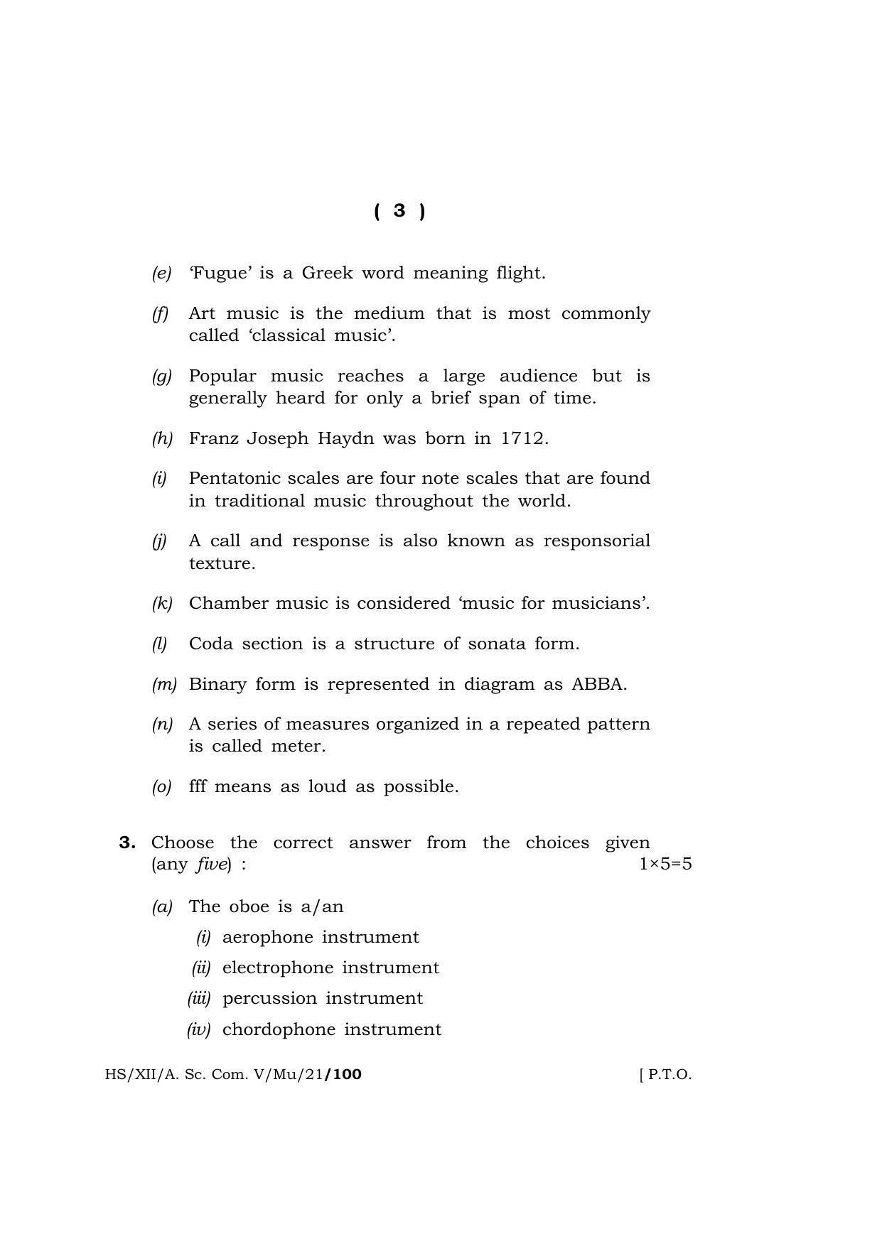 Meghalaya Board (MBOSE) Class 12 MUSIC (HS-XII-A. Sc. Com. V-Mu-21) 2021 Question Paper - Page 3