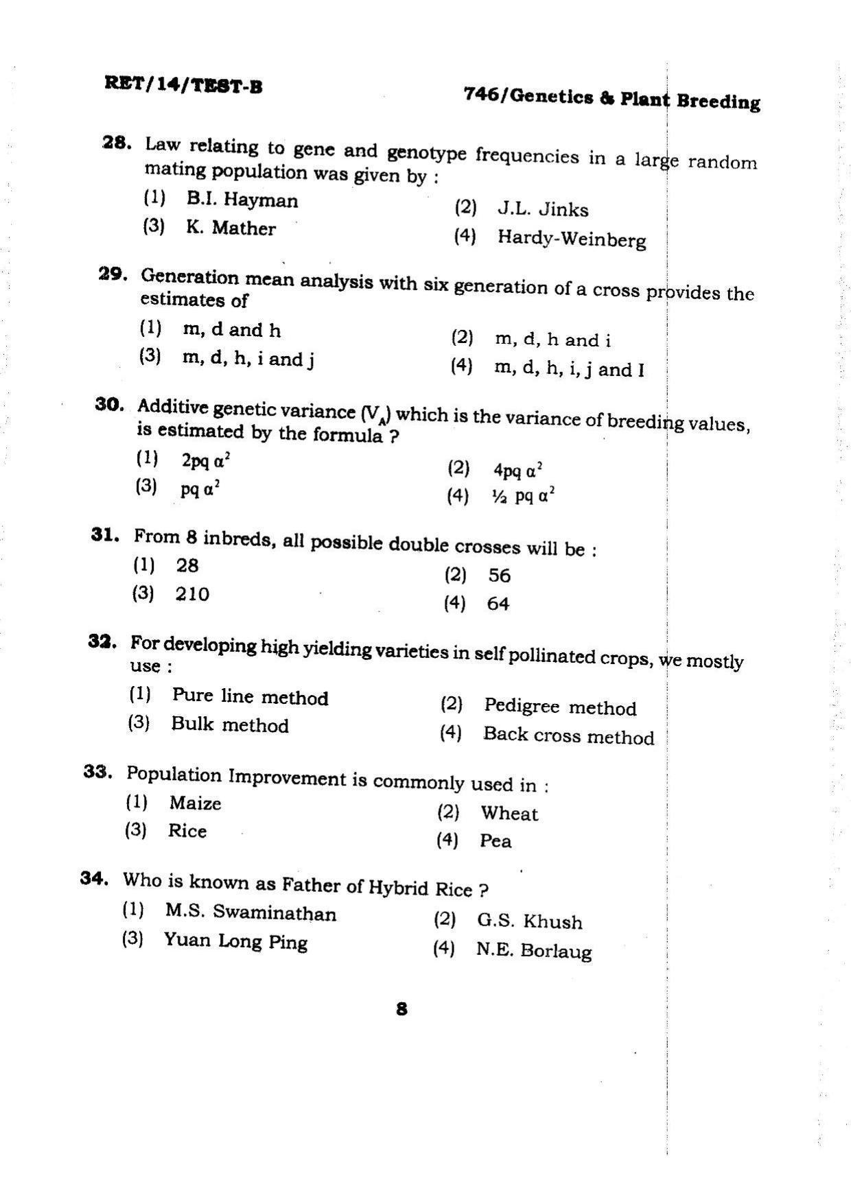 BHU RET Genetics & PLant Breeding 2014 Question Paper - Page 8